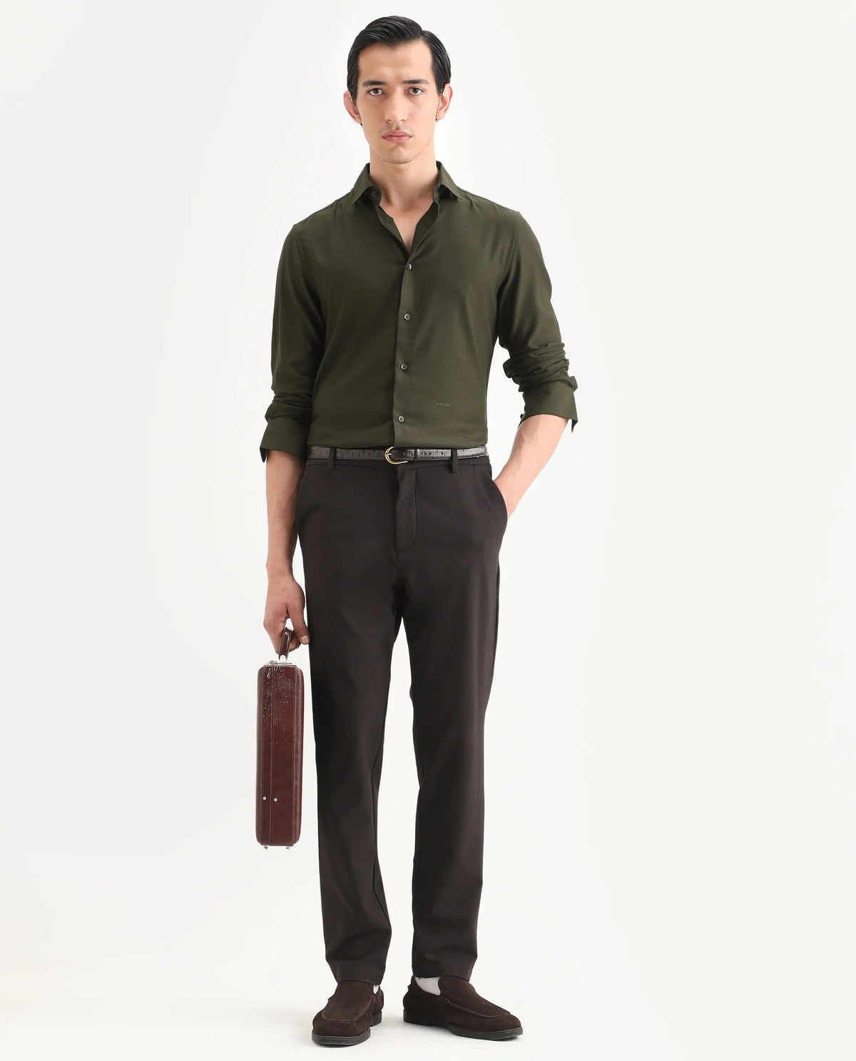 Rare Rabbit Men's Mer-Ss26 Dark Olive Viscose Blend Fabric Full Sleeve Spread Collar Regular Fit Plain Shirt
