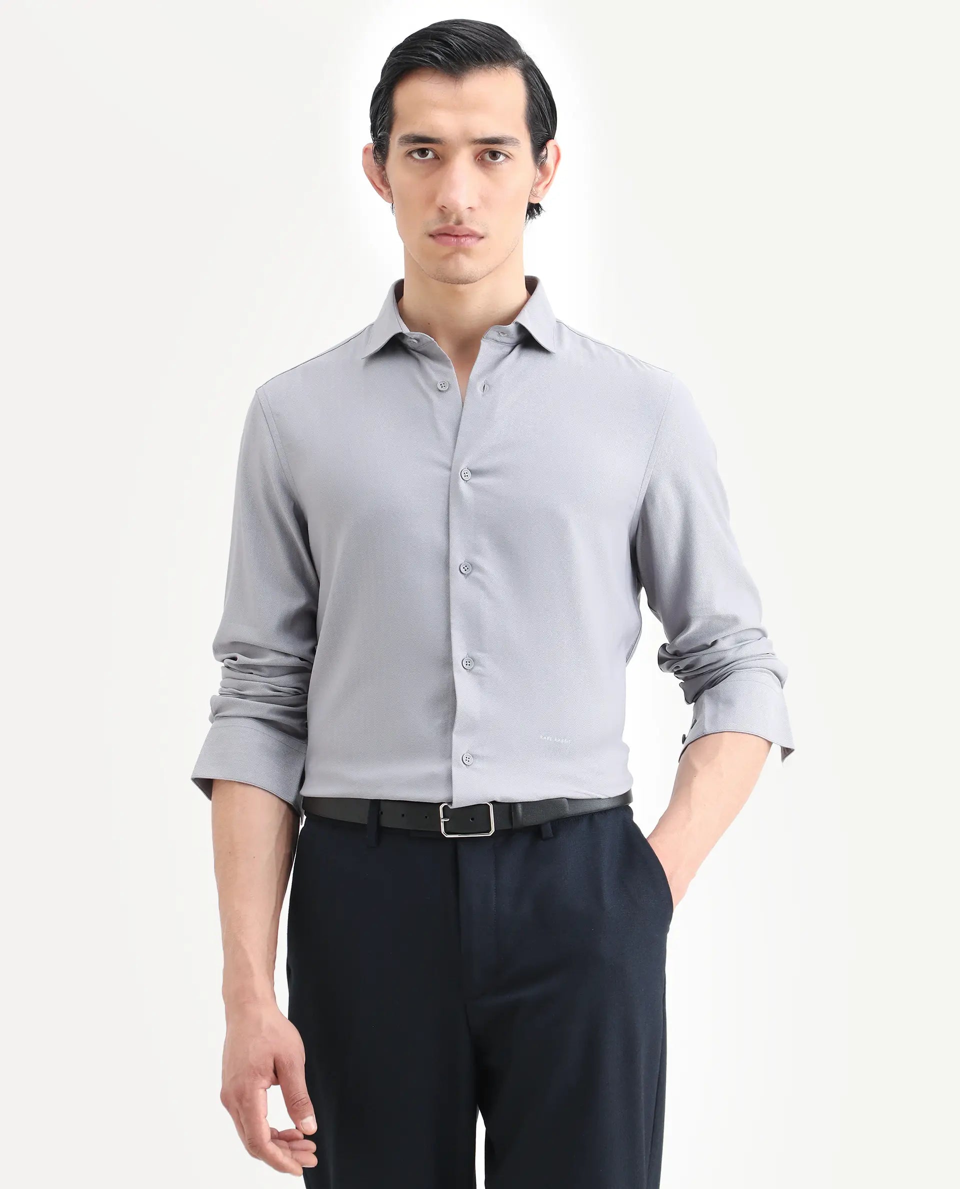 Rare Rabbit Men's Mer-Ss26 Grey Viscose Blend Fabric Full Sleeve Spread Collar Regular Fit Plain Shirt