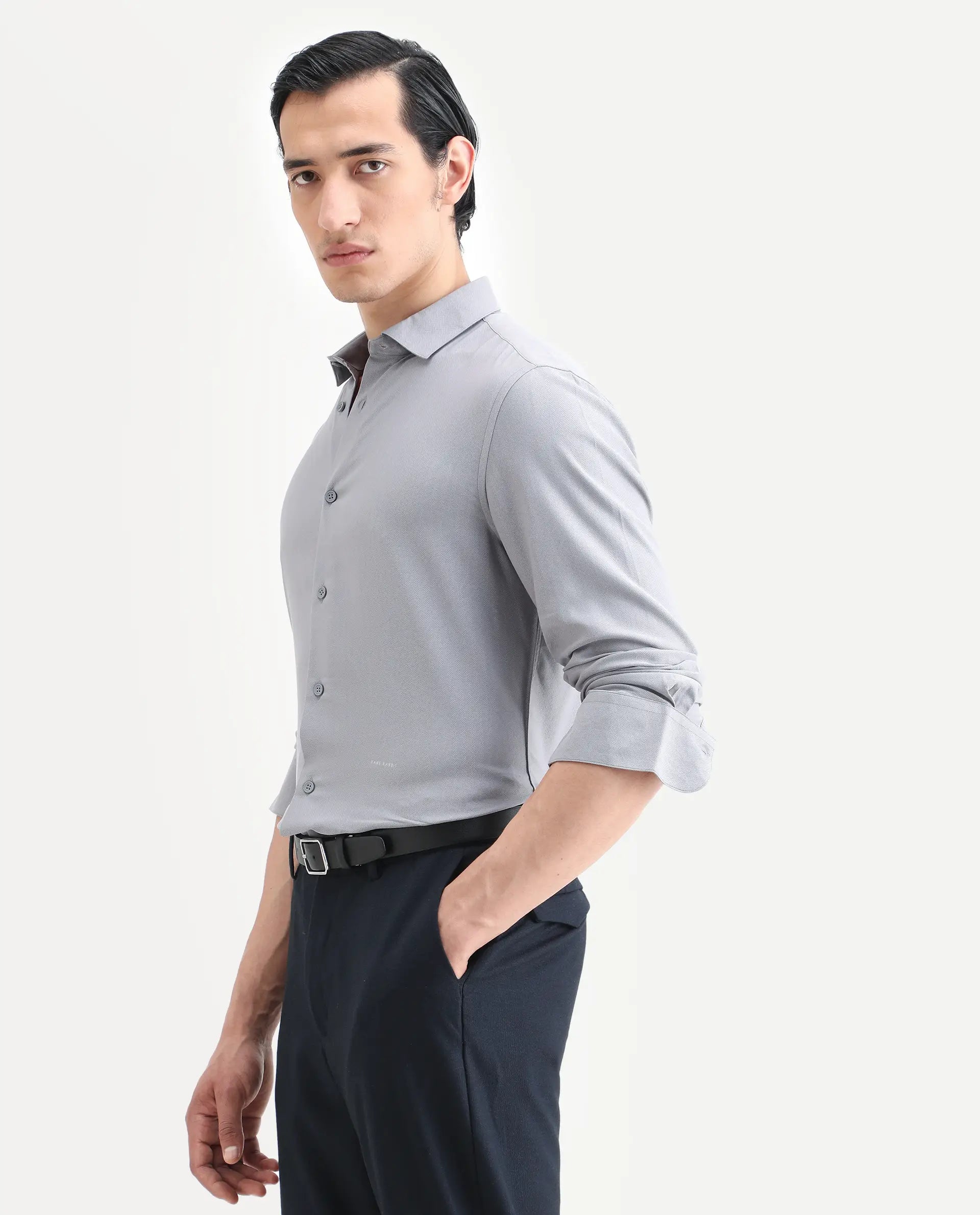 Rare Rabbit Men's Mer-Ss26 Grey Viscose Blend Fabric Full Sleeve Spread Collar Regular Fit Plain Shirt