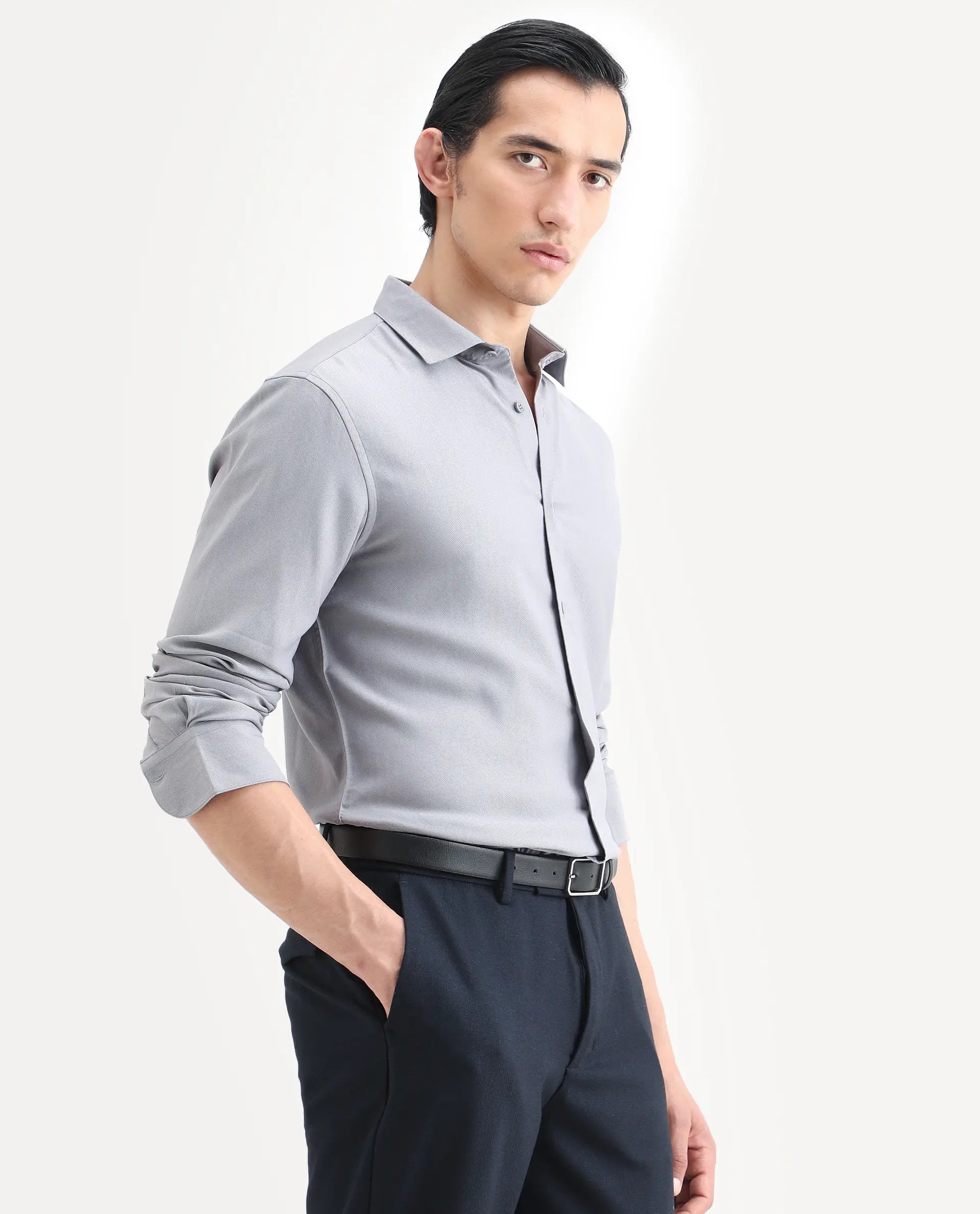 Rare Rabbit Men's Mer-Ss26 Grey Viscose Blend Fabric Full Sleeve Spread Collar Regular Fit Plain Shirt