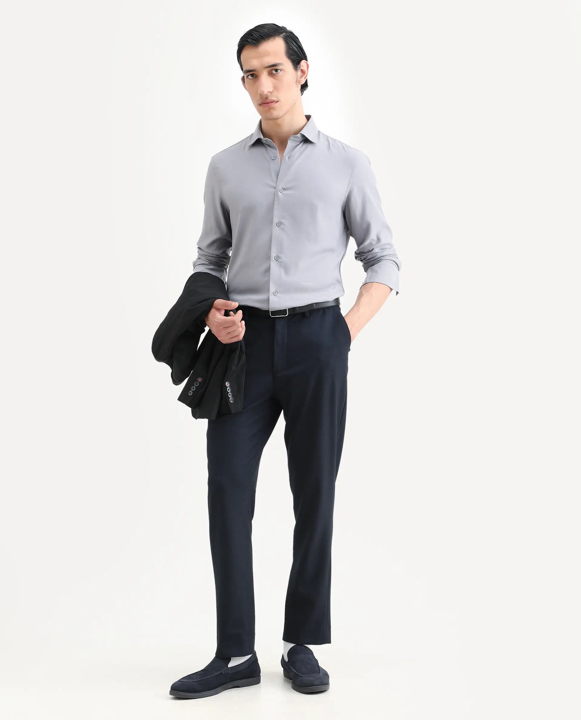 Rare Rabbit Men's Mer-Ss26 Grey Viscose Blend Fabric Full Sleeve Spread Collar Regular Fit Plain Shirt