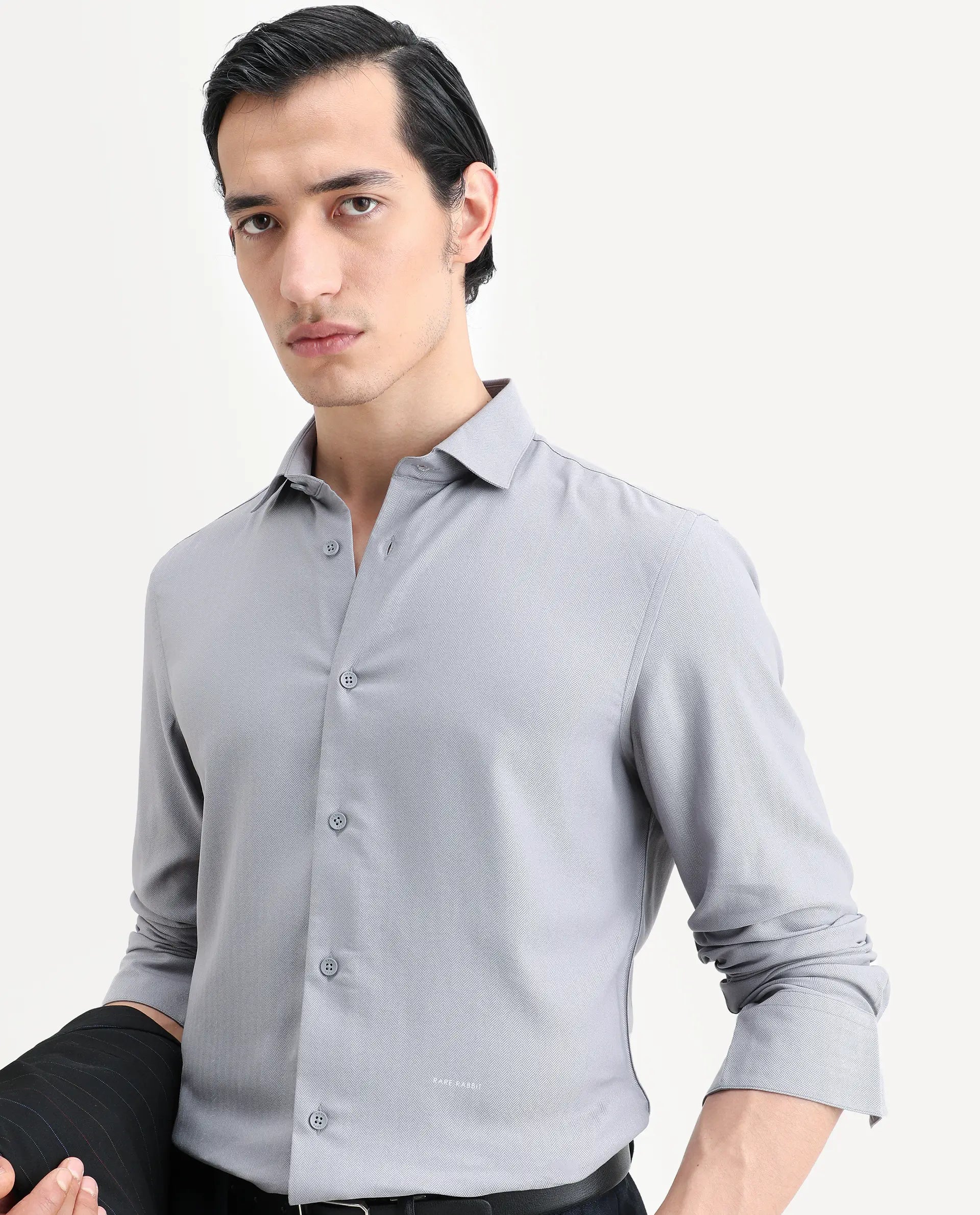 Rare Rabbit Men's Mer-Ss26 Grey Viscose Blend Fabric Full Sleeve Spread Collar Regular Fit Plain Shirt