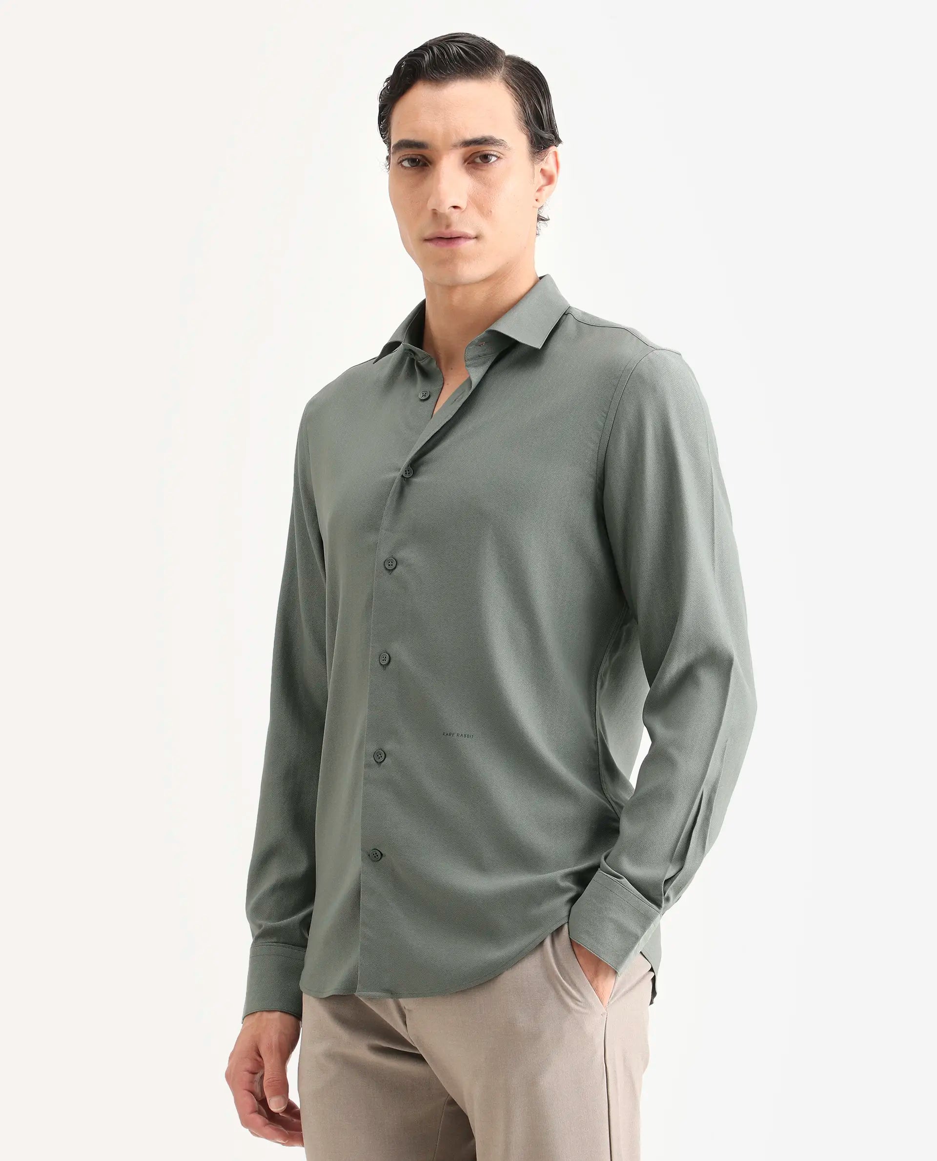 Rare Rabbit Men's Mer-Ss26 Dusky Green Viscose Blend Fabric Full Sleeve Spread Collar Regular Fit Plain Shirt