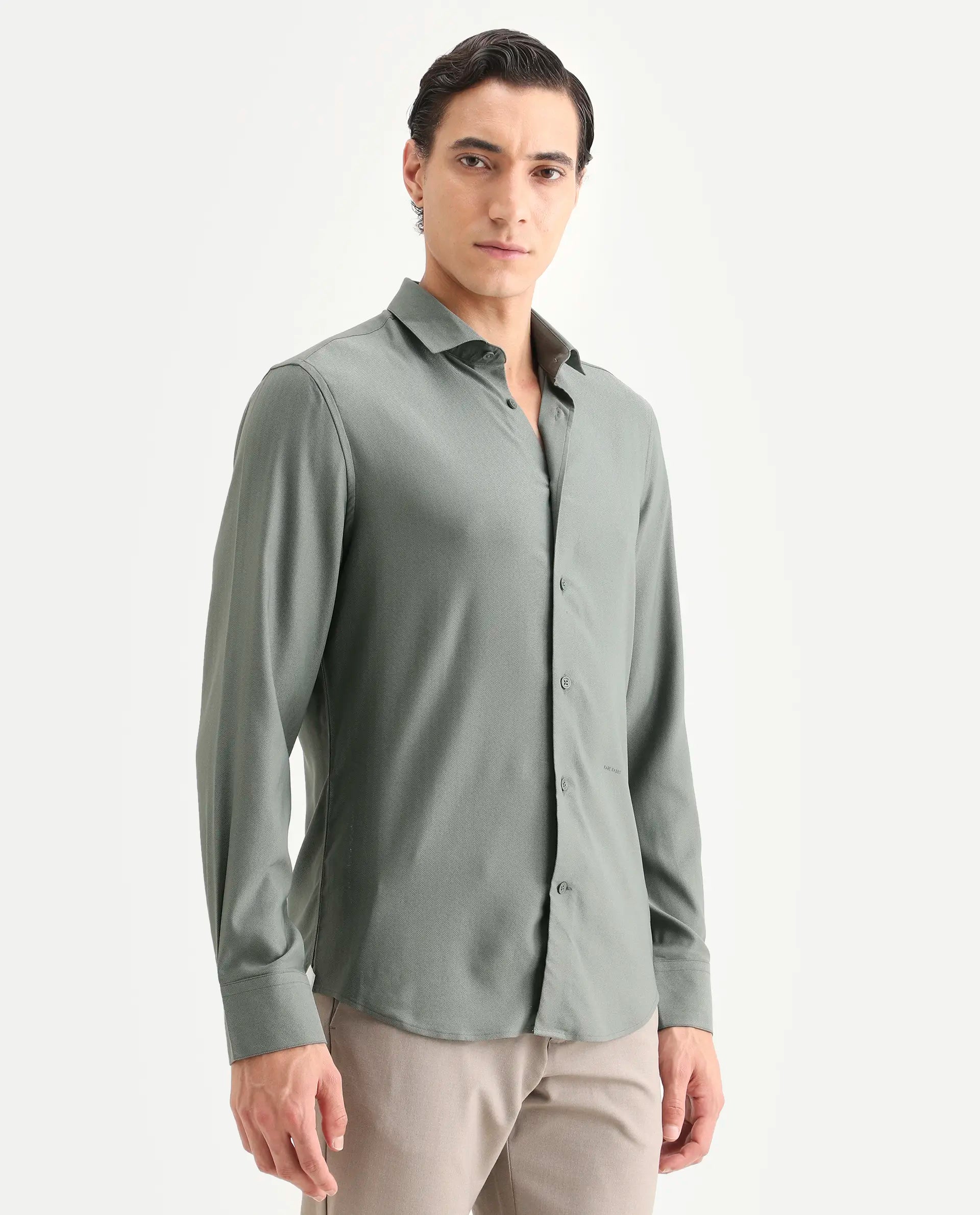 Rare Rabbit Men's Mer-Ss26 Dusky Green Viscose Blend Fabric Full Sleeve Spread Collar Regular Fit Plain Shirt