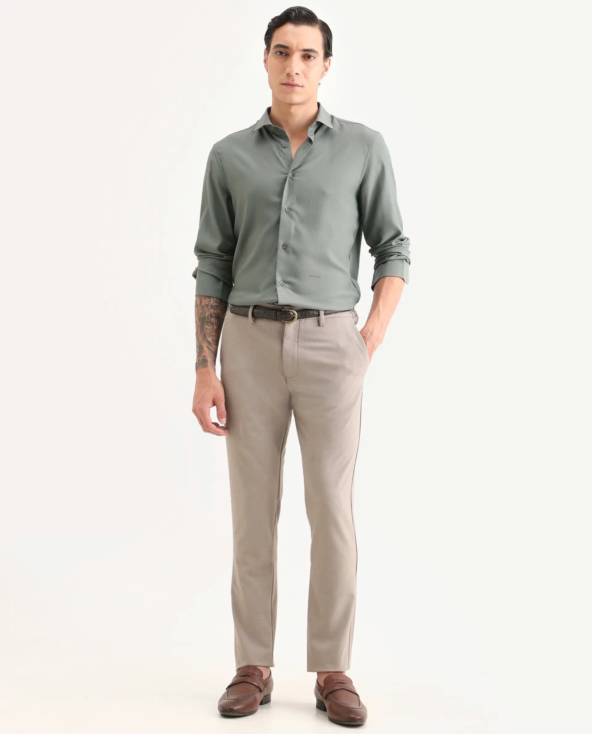Rare Rabbit Men's Mer-Ss26 Dusky Green Viscose Blend Fabric Full Sleeve Spread Collar Regular Fit Plain Shirt