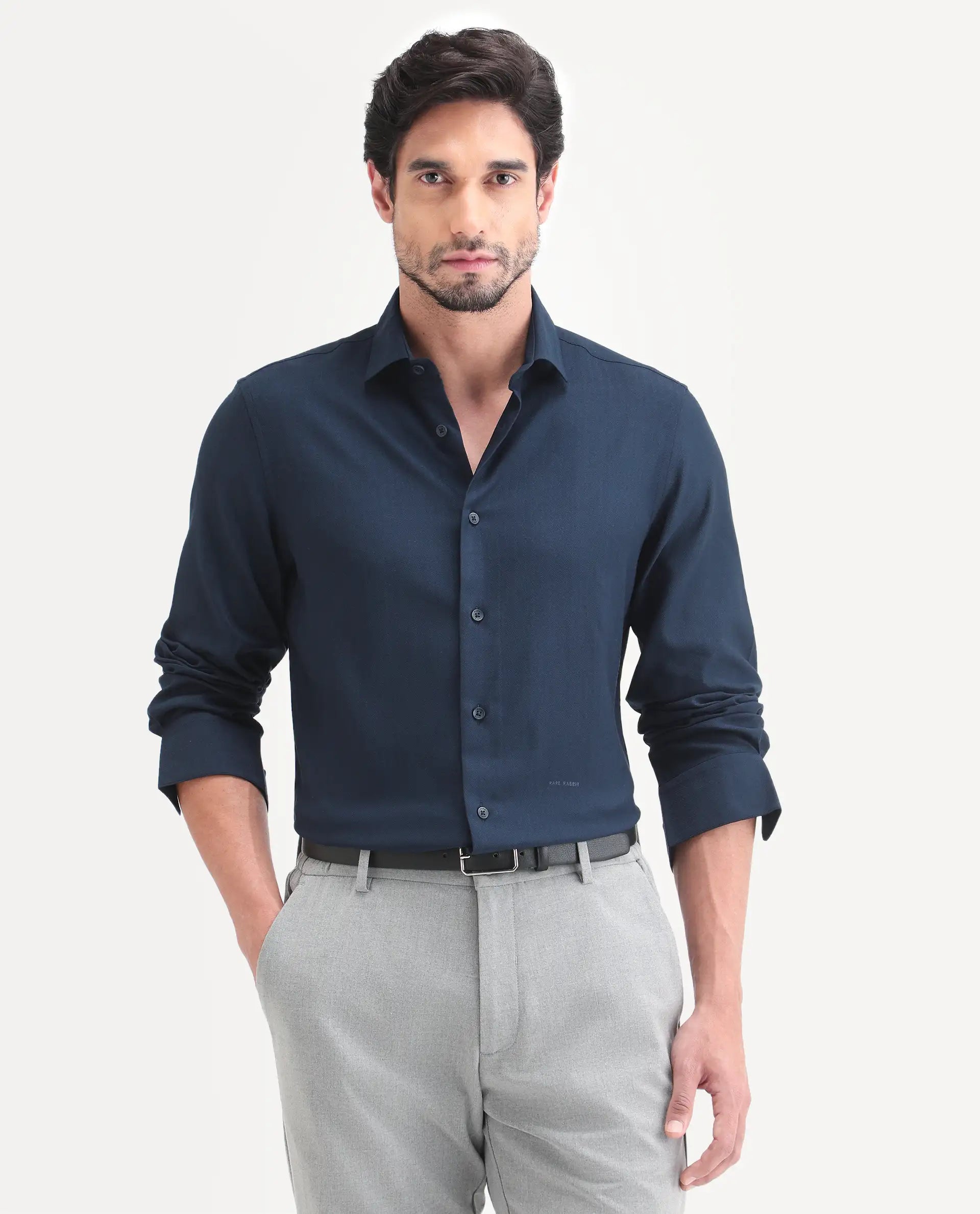 Rare Rabbit Men's Mer-Ss26 Navy Viscose Blend Fabric Full Sleeve Spread Collar Regular Fit Plain Shirt
