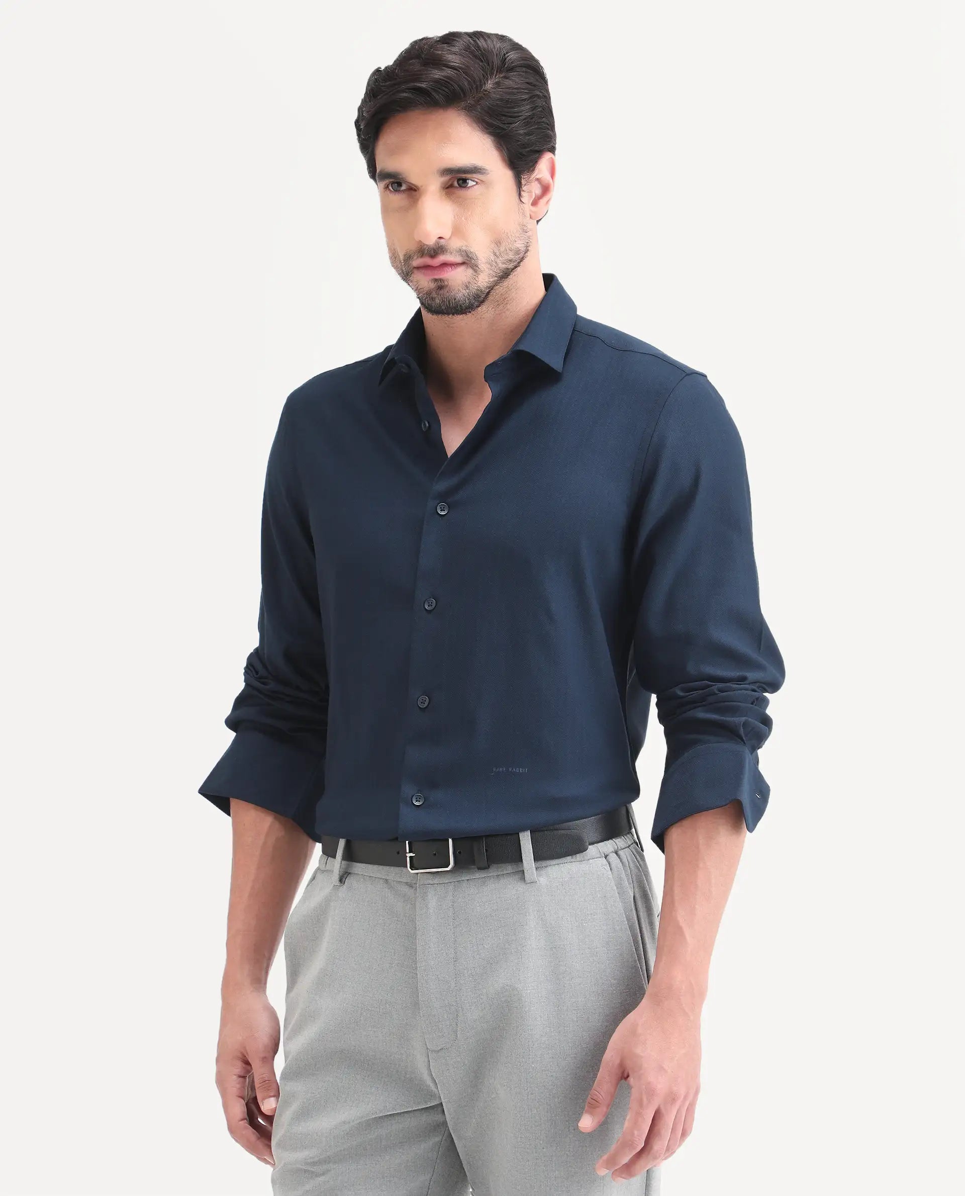 Rare Rabbit Men's Mer-Ss26 Navy Viscose Blend Fabric Full Sleeve Spread Collar Regular Fit Plain Shirt