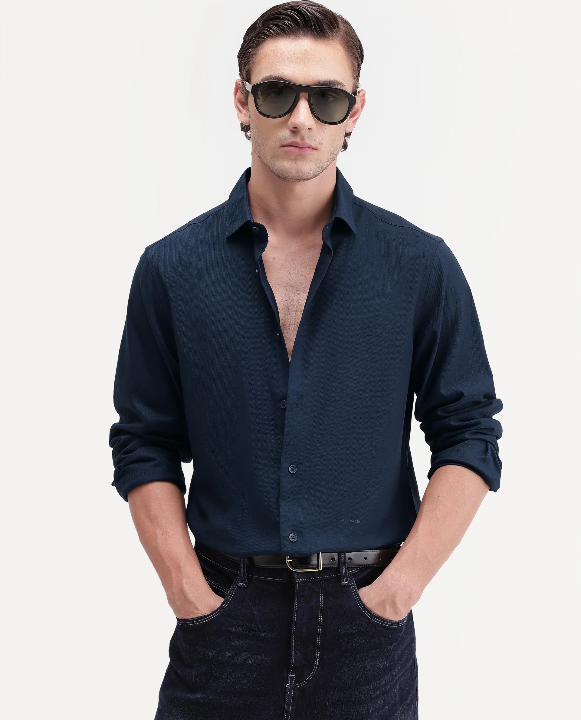 Rare Rabbit Men's Mer-Ss26 Navy Viscose Blend Fabric Full Sleeve Spread Collar Regular Fit Plain Shirt