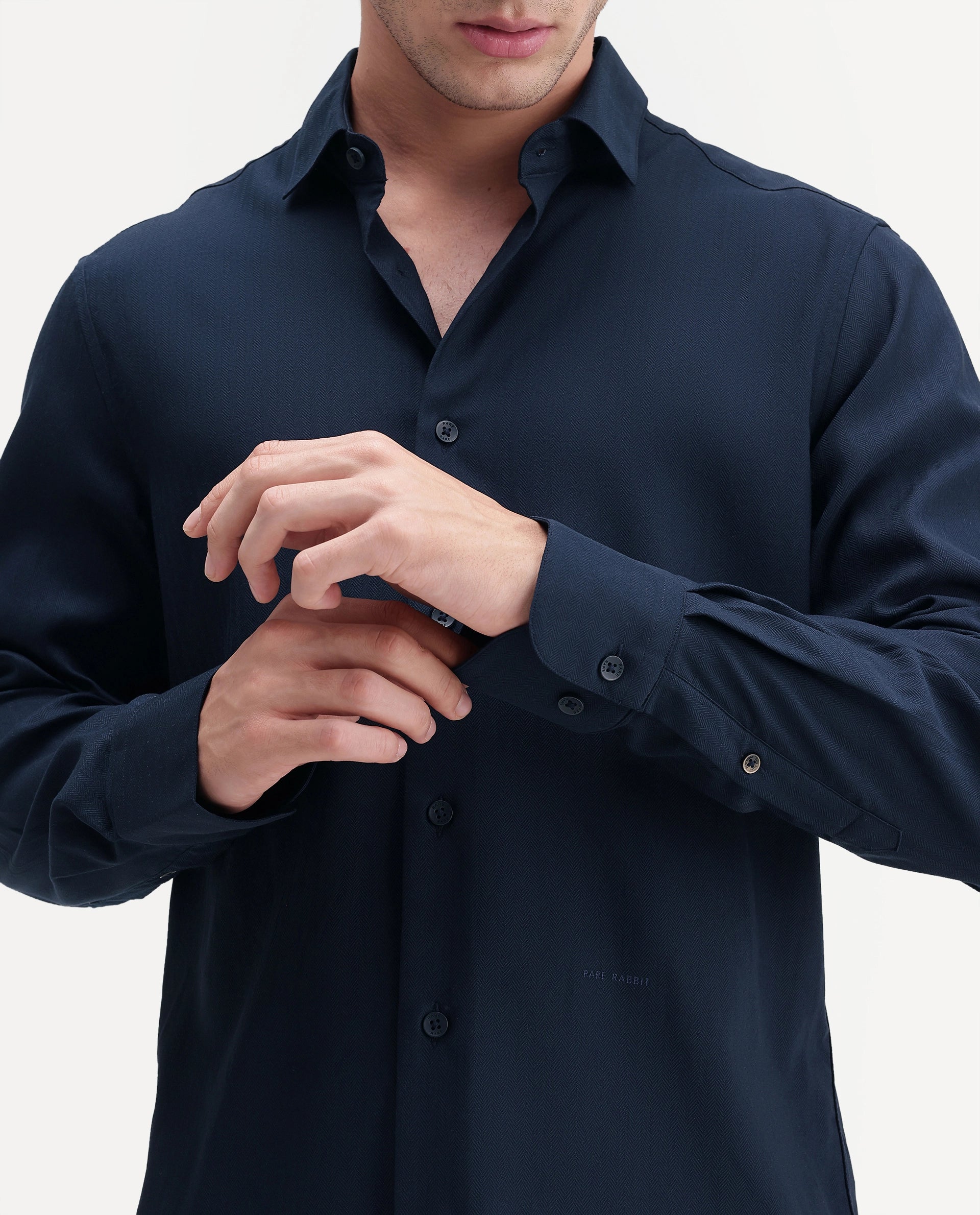 Rare Rabbit Men's Mer-Ss26 Navy Viscose Blend Fabric Full Sleeve Spread Collar Regular Fit Plain Shirt