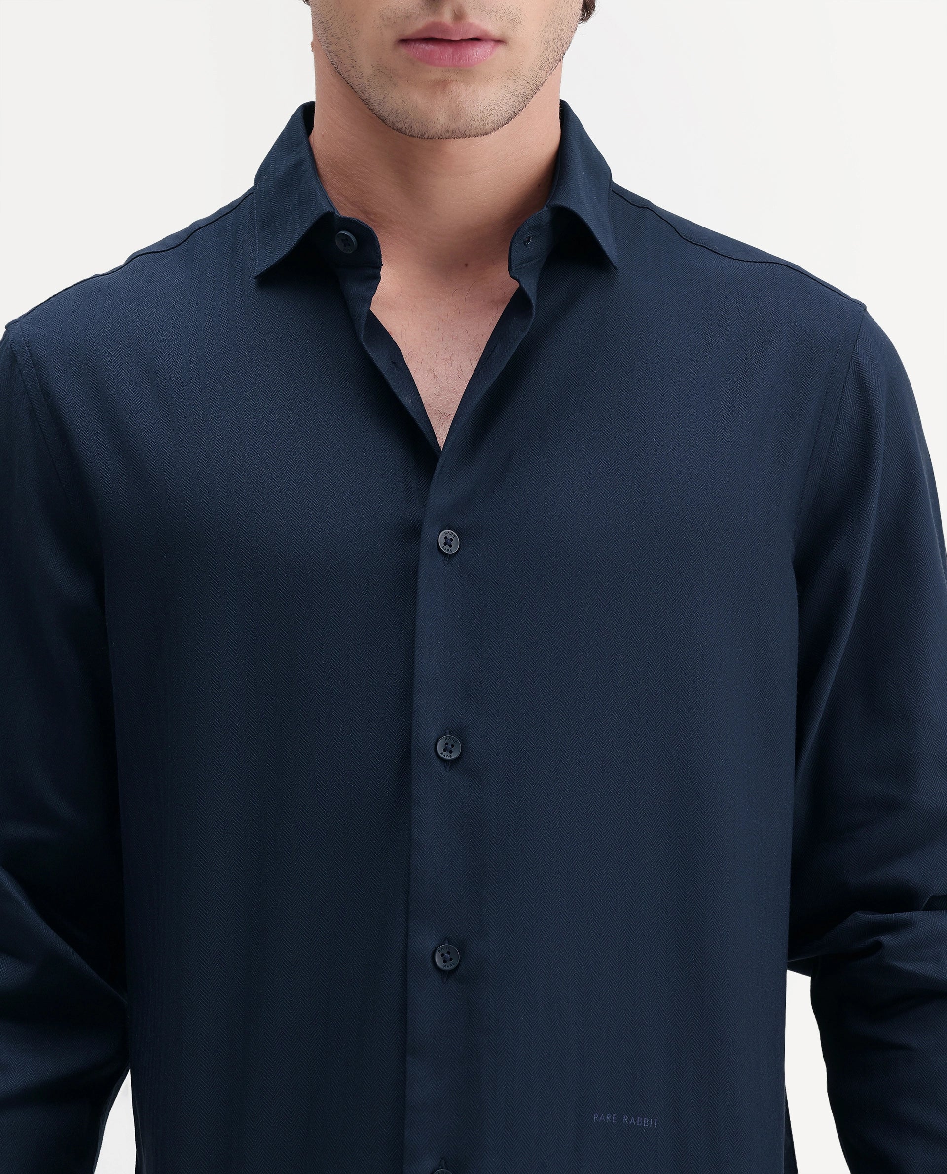 Rare Rabbit Men's Mer-Ss26 Navy Viscose Blend Fabric Full Sleeve Spread Collar Regular Fit Plain Shirt