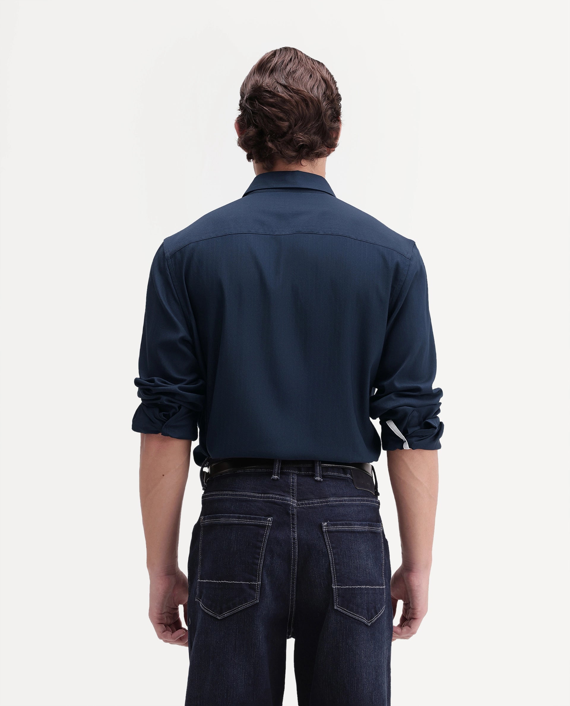 Rare Rabbit Men's Mer-Ss26 Navy Viscose Blend Fabric Full Sleeve Spread Collar Regular Fit Plain Shirt