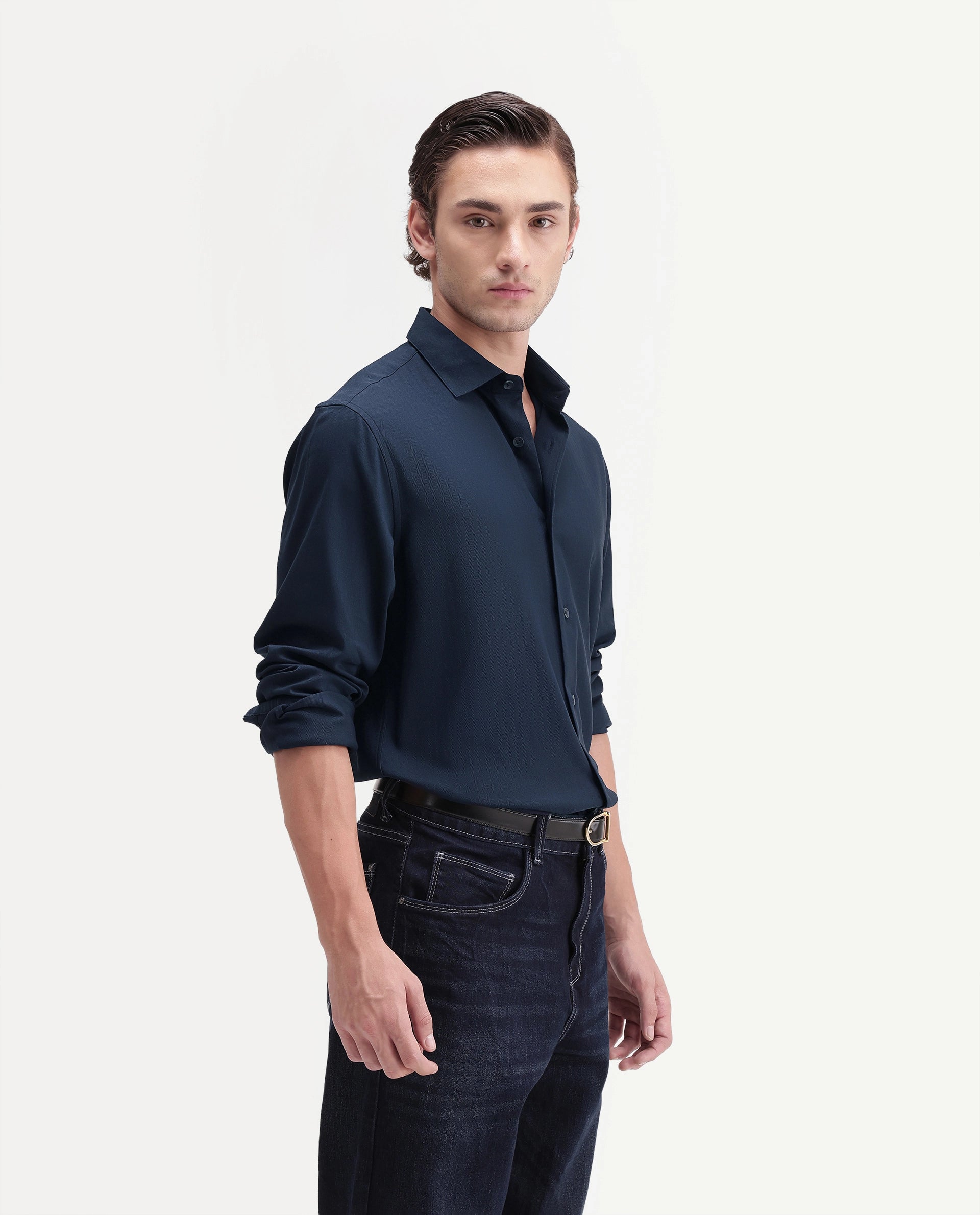 Rare Rabbit Men's Mer-Ss26 Navy Viscose Blend Fabric Full Sleeve Spread Collar Regular Fit Plain Shirt