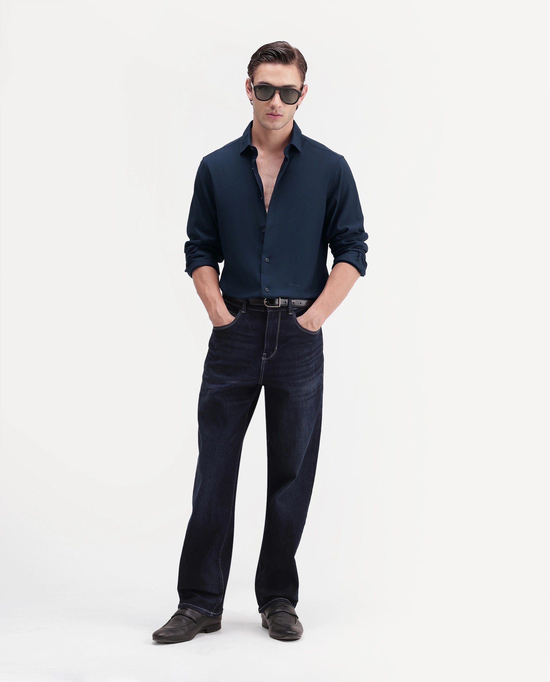 Rare Rabbit Men's Mer-Ss26 Navy Viscose Blend Fabric Full Sleeve Spread Collar Regular Fit Plain Shirt