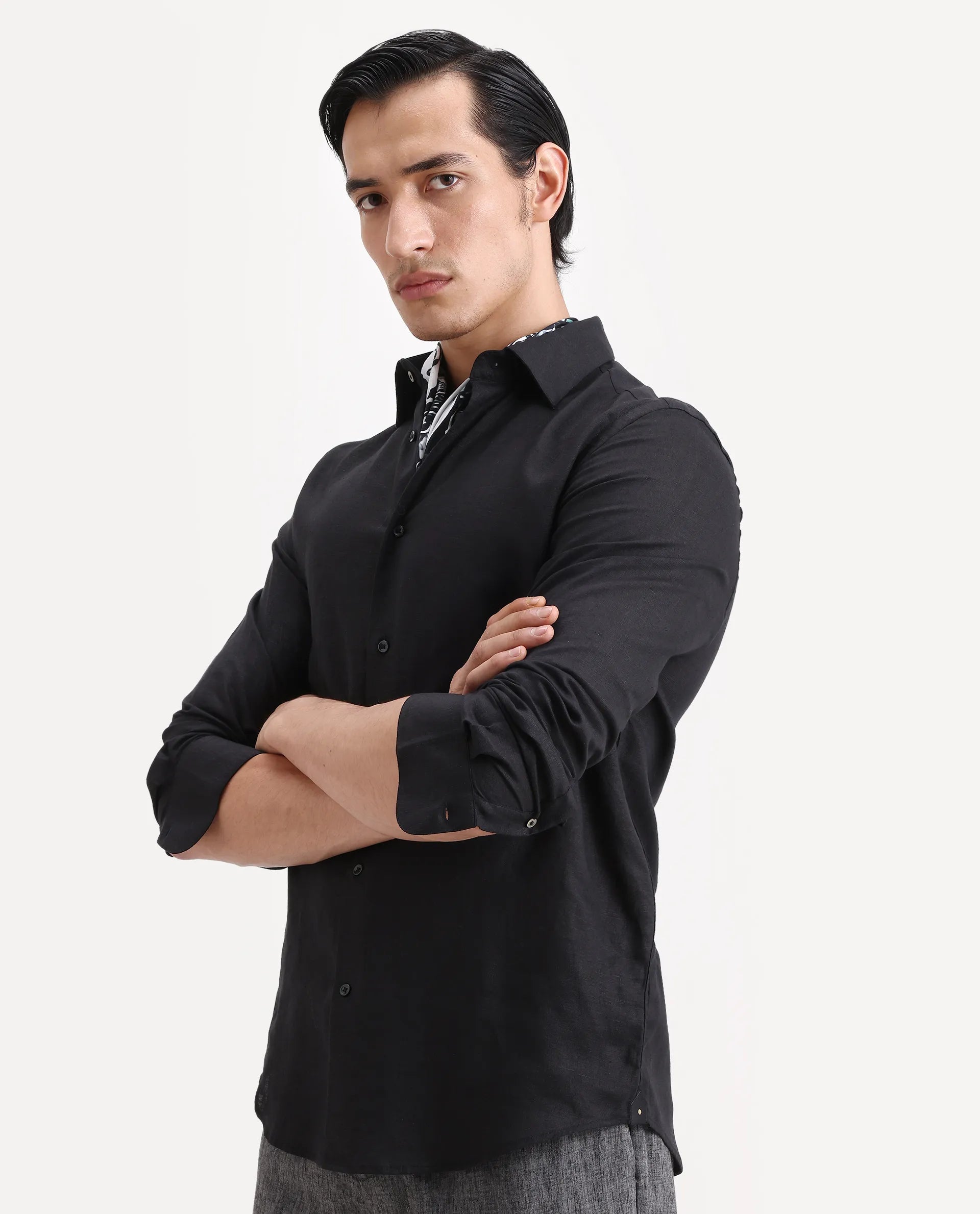Rare Rabbit Men's Linex Ls Black Linen Blend Fabric Full Sleeve Spread Collar Regular Fit Plain Shirt