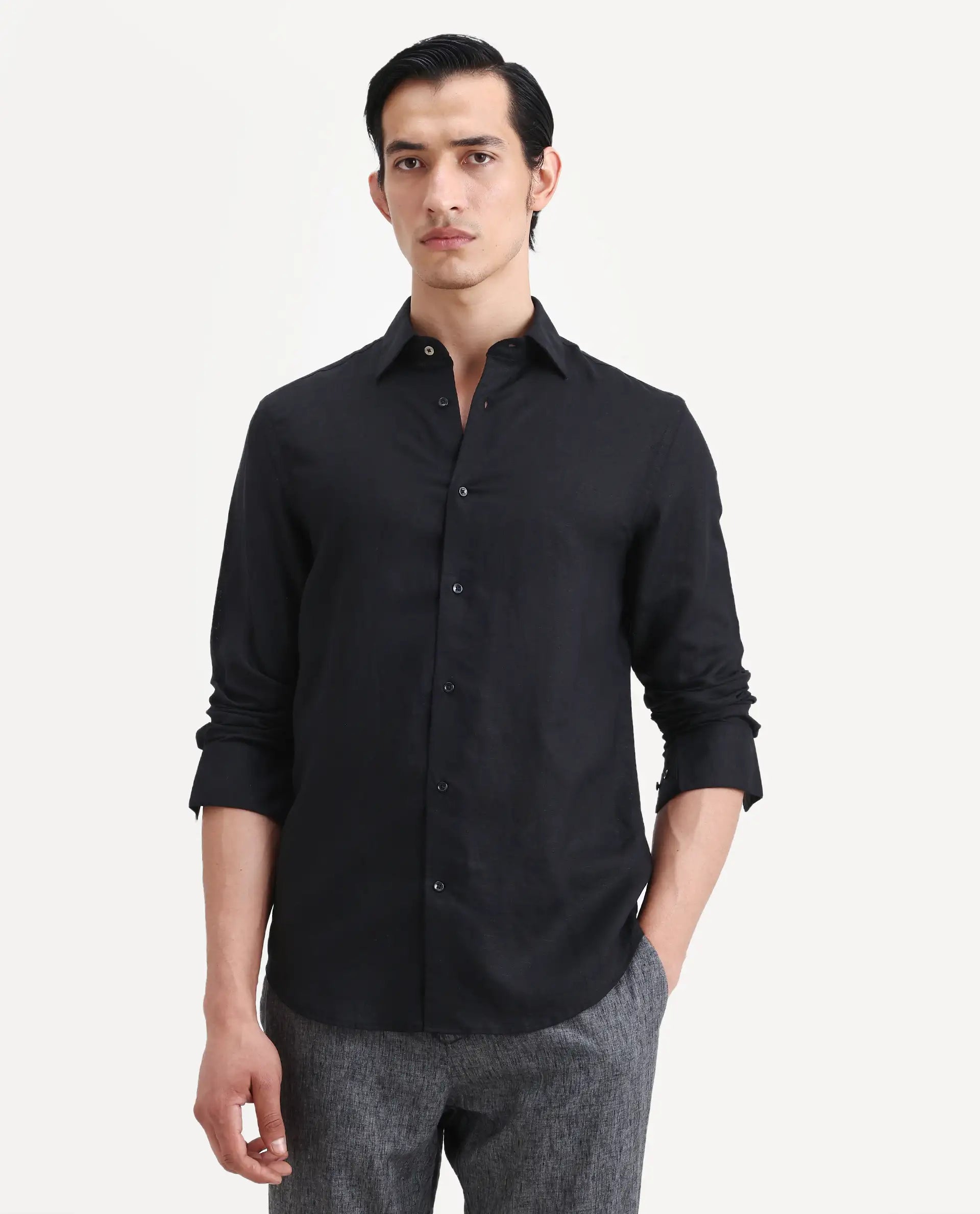 Rare Rabbit Men's Linex Ls Black Linen Blend Fabric Full Sleeve Spread Collar Regular Fit Plain Shirt