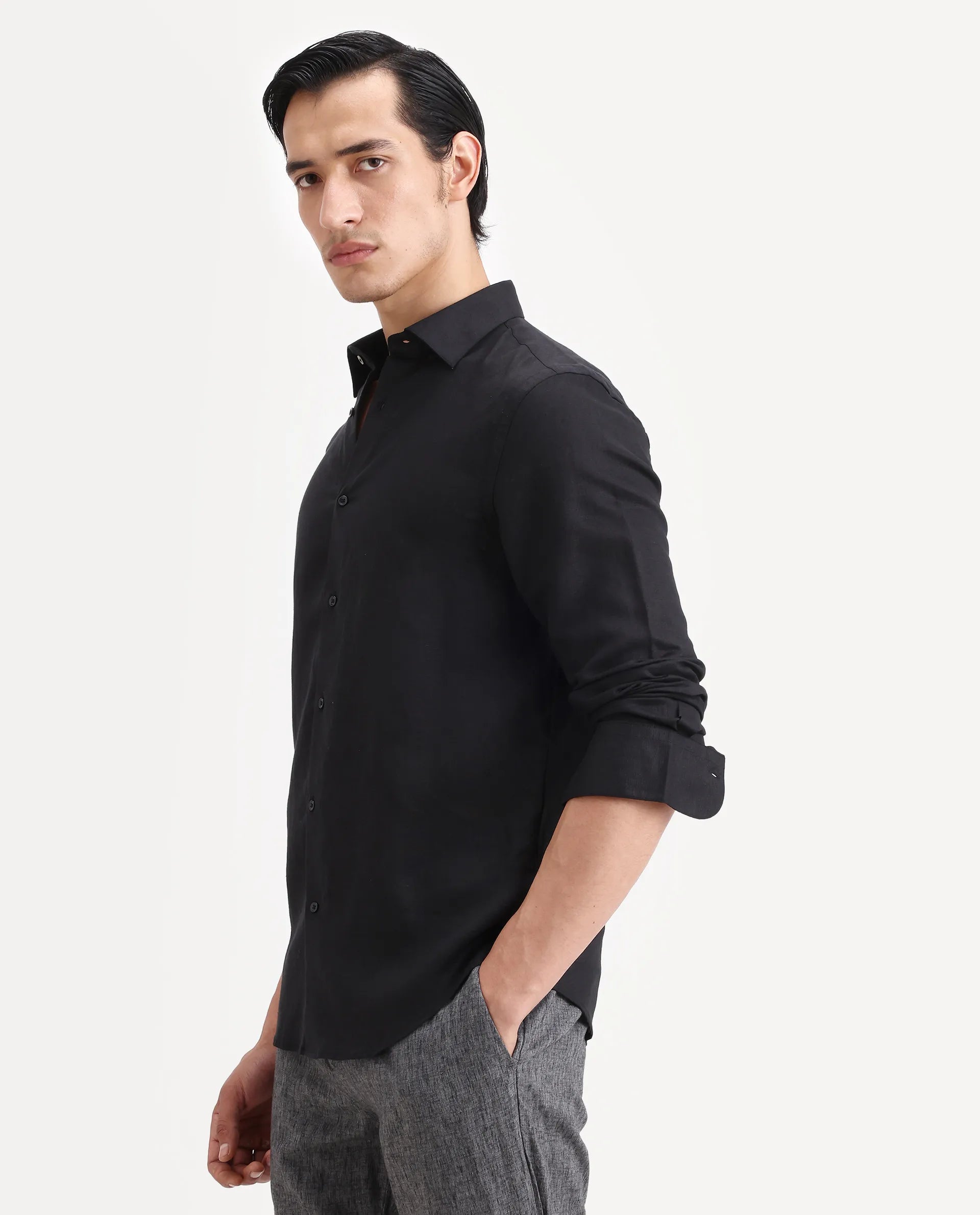 Rare Rabbit Men's Linex Ls Black Linen Blend Fabric Full Sleeve Spread Collar Regular Fit Plain Shirt
