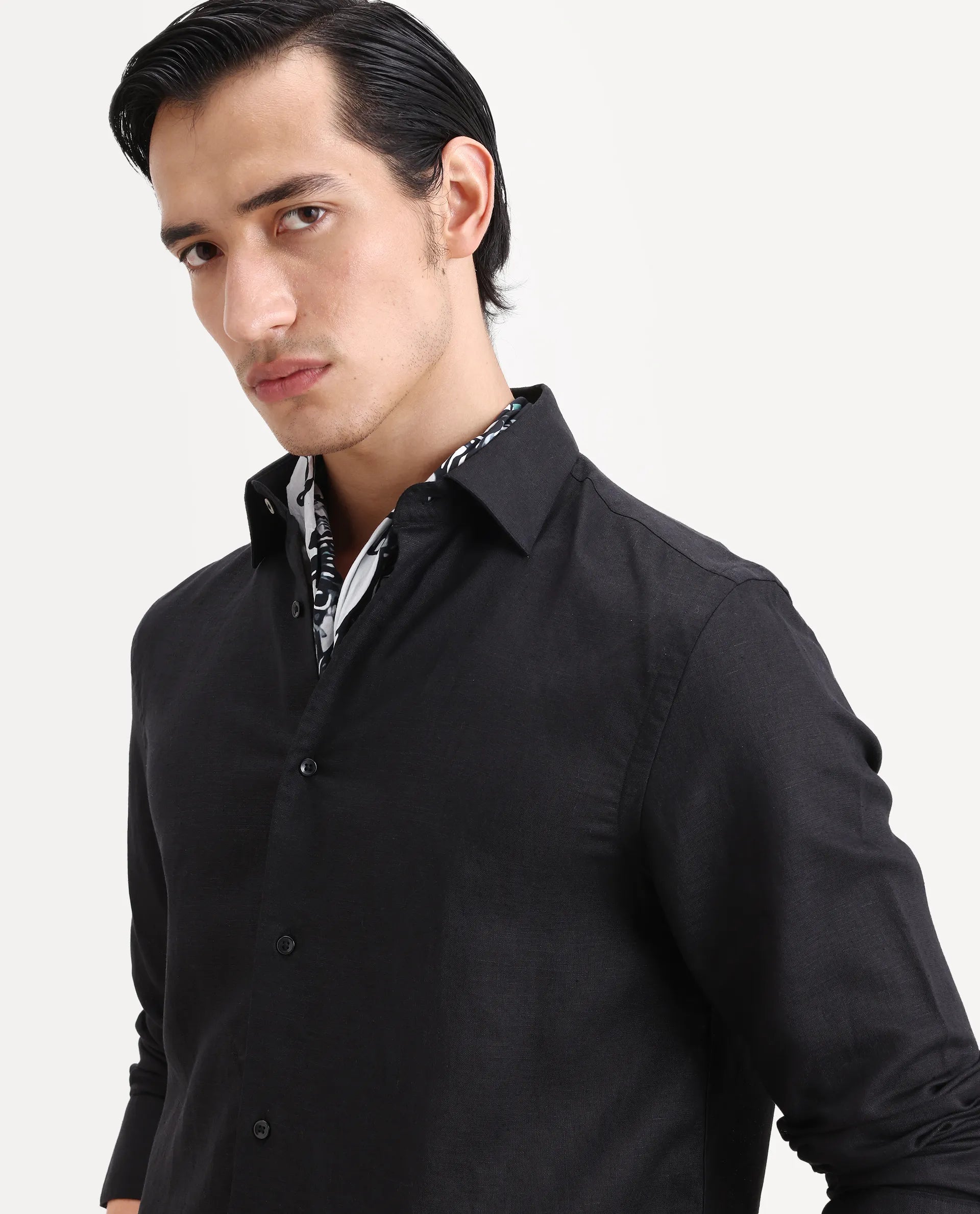 Rare Rabbit Men's Linex Ls Black Linen Blend Fabric Full Sleeve Spread Collar Regular Fit Plain Shirt