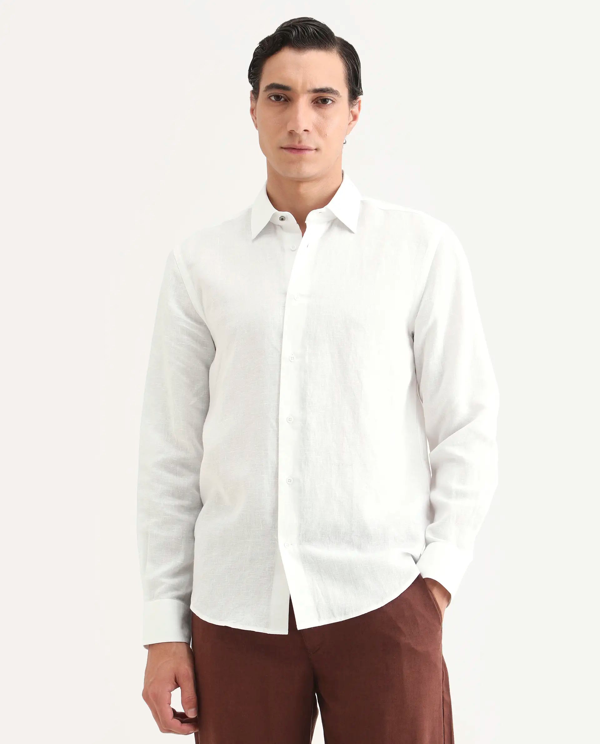 Rare Rabbit Men's Linex Ls White Linen Blend Fabric Full Sleeve Spread Collar Regular Fit Plain Shirt
