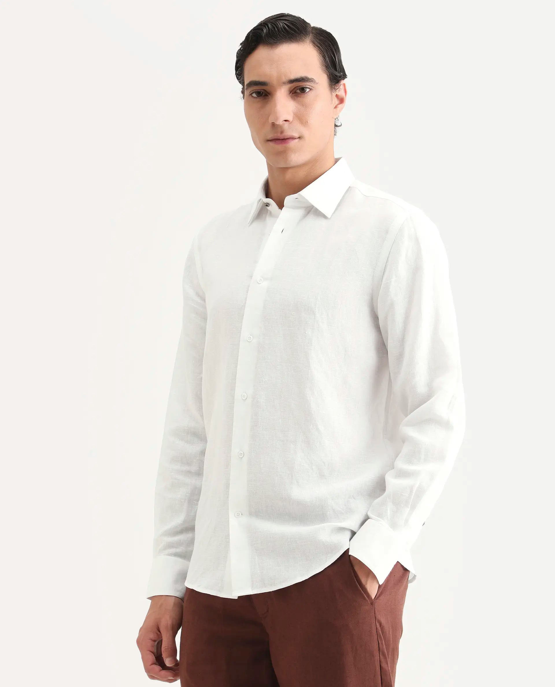 Rare Rabbit Men's Linex Ls White Linen Blend Fabric Full Sleeve Spread Collar Regular Fit Plain Shirt