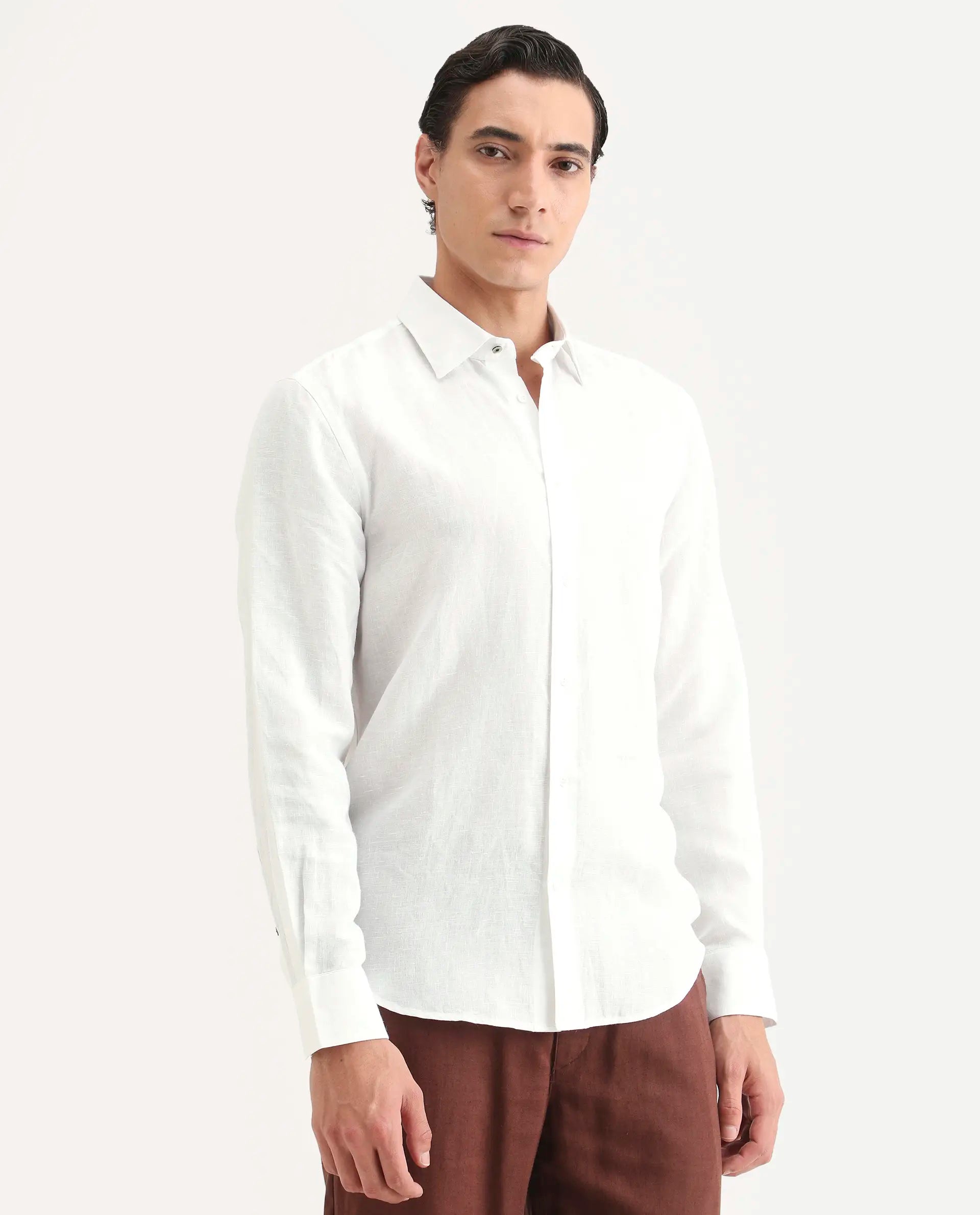 Rare Rabbit Men's Linex Ls White Linen Blend Fabric Full Sleeve Spread Collar Regular Fit Plain Shirt