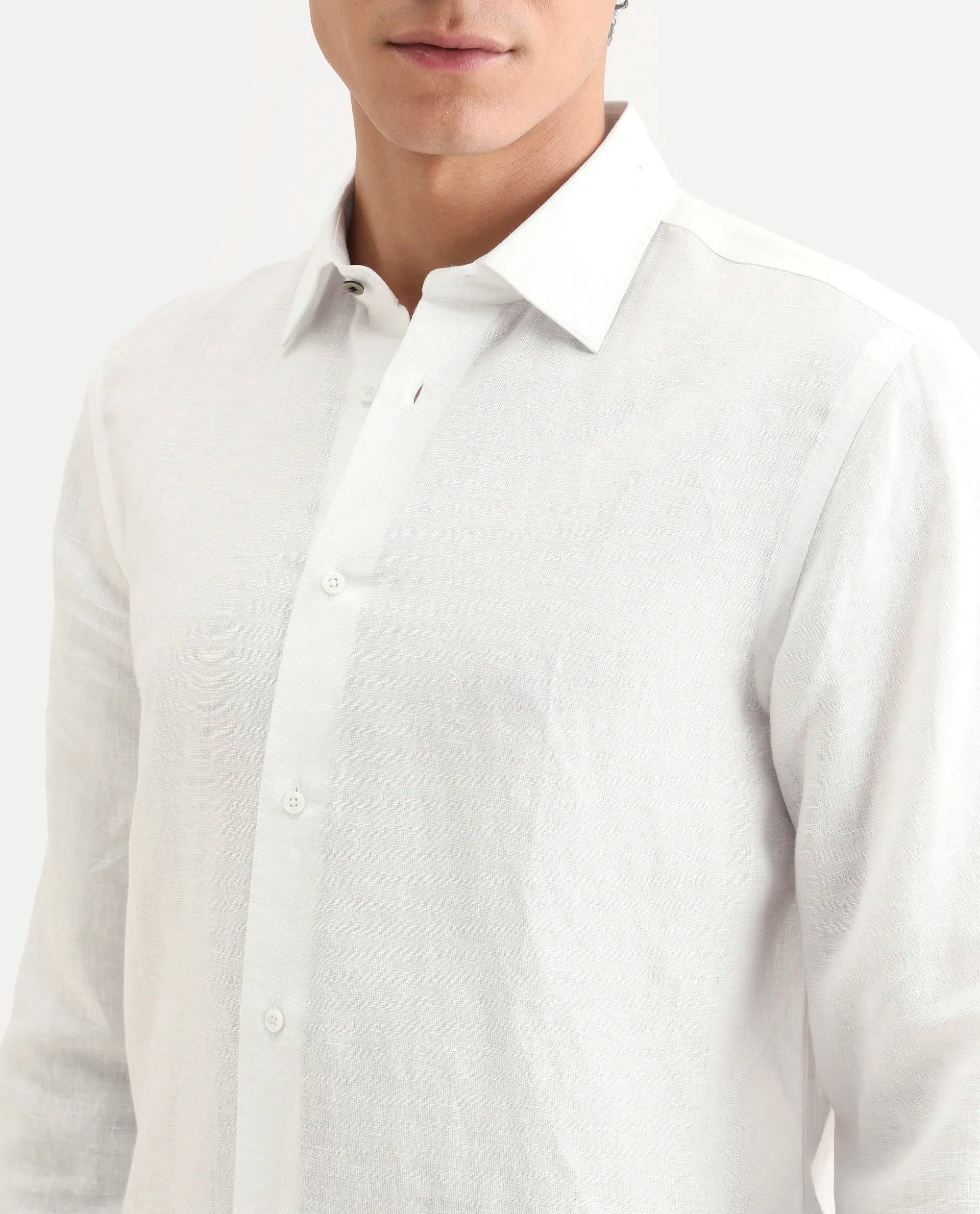 Rare Rabbit Men's Linex Ls White Linen Blend Fabric Full Sleeve Spread Collar Regular Fit Plain Shirt