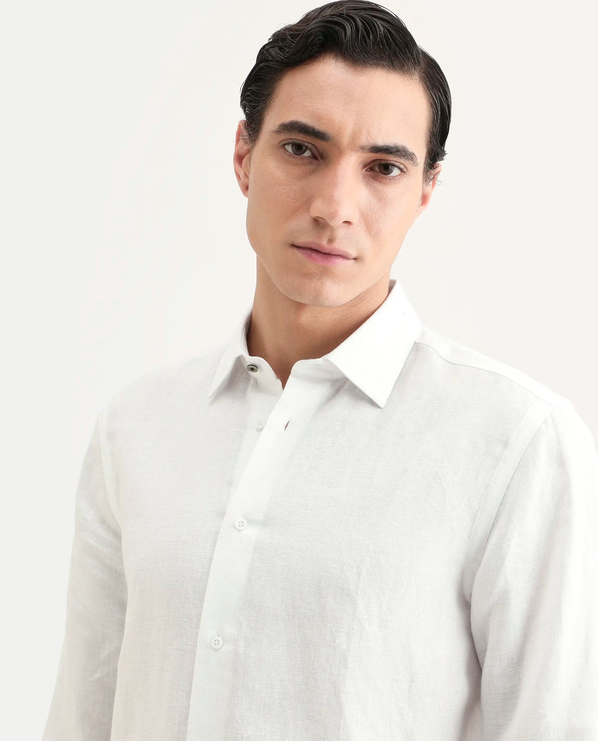 Rare Rabbit Men's Linex Ls White Linen Blend Fabric Full Sleeve Spread Collar Regular Fit Plain Shirt