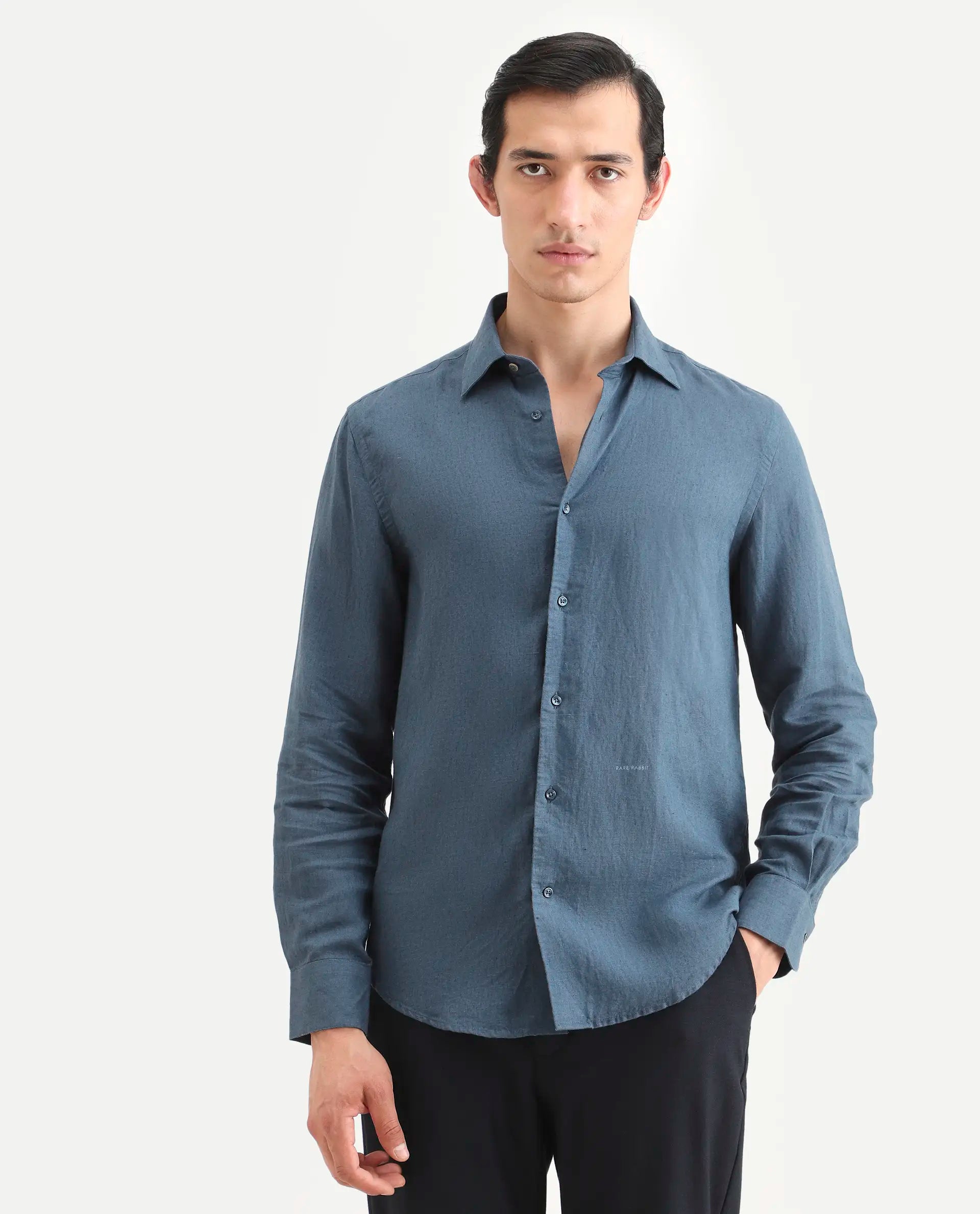 Rare Rabbit Men's Linex Ls Navy Linen Blend Fabric Full Sleeve Spread Collar Regular Fit Plain Shirt
