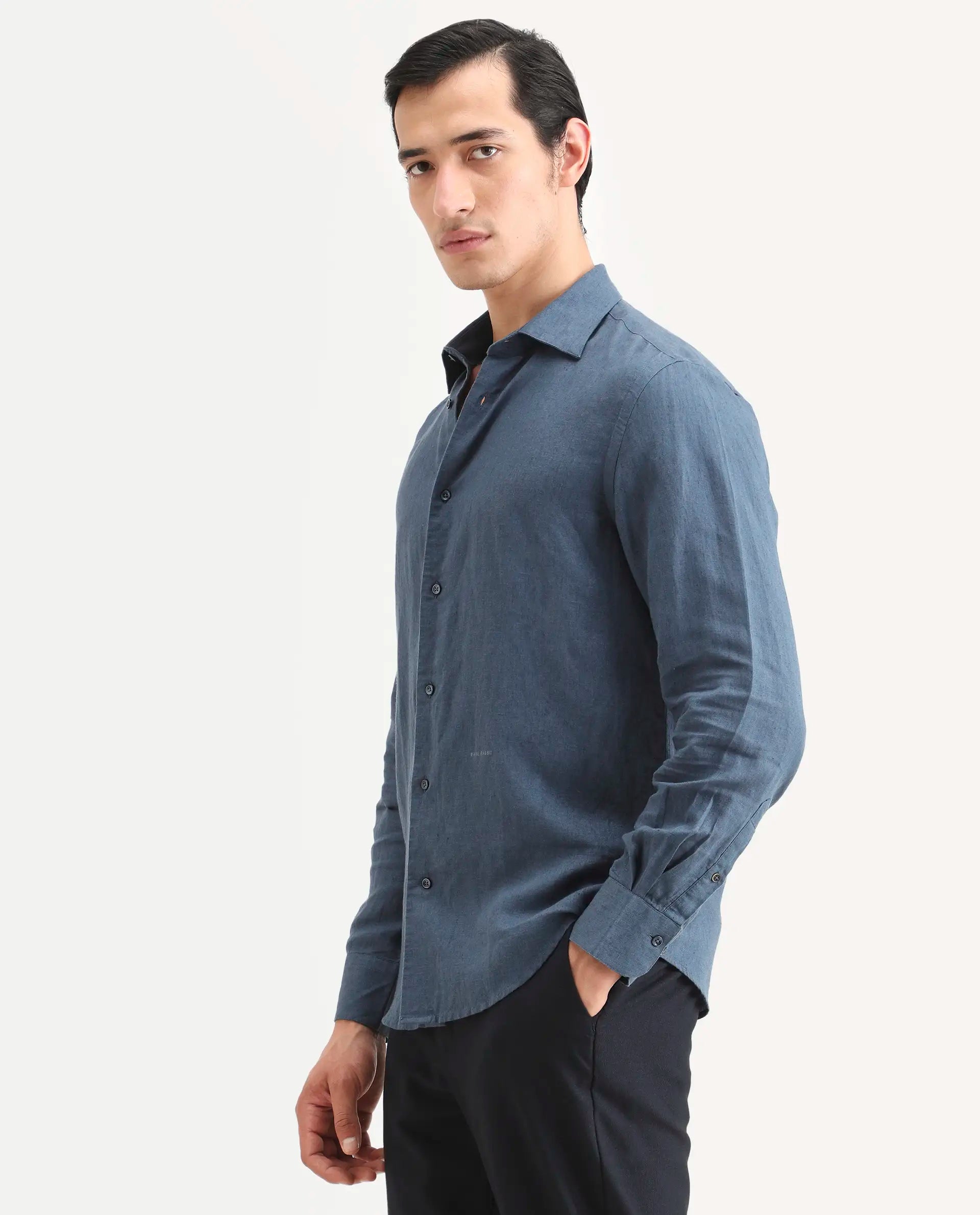 Rare Rabbit Men's Linex Ls Navy Linen Blend Fabric Full Sleeve Spread Collar Regular Fit Plain Shirt