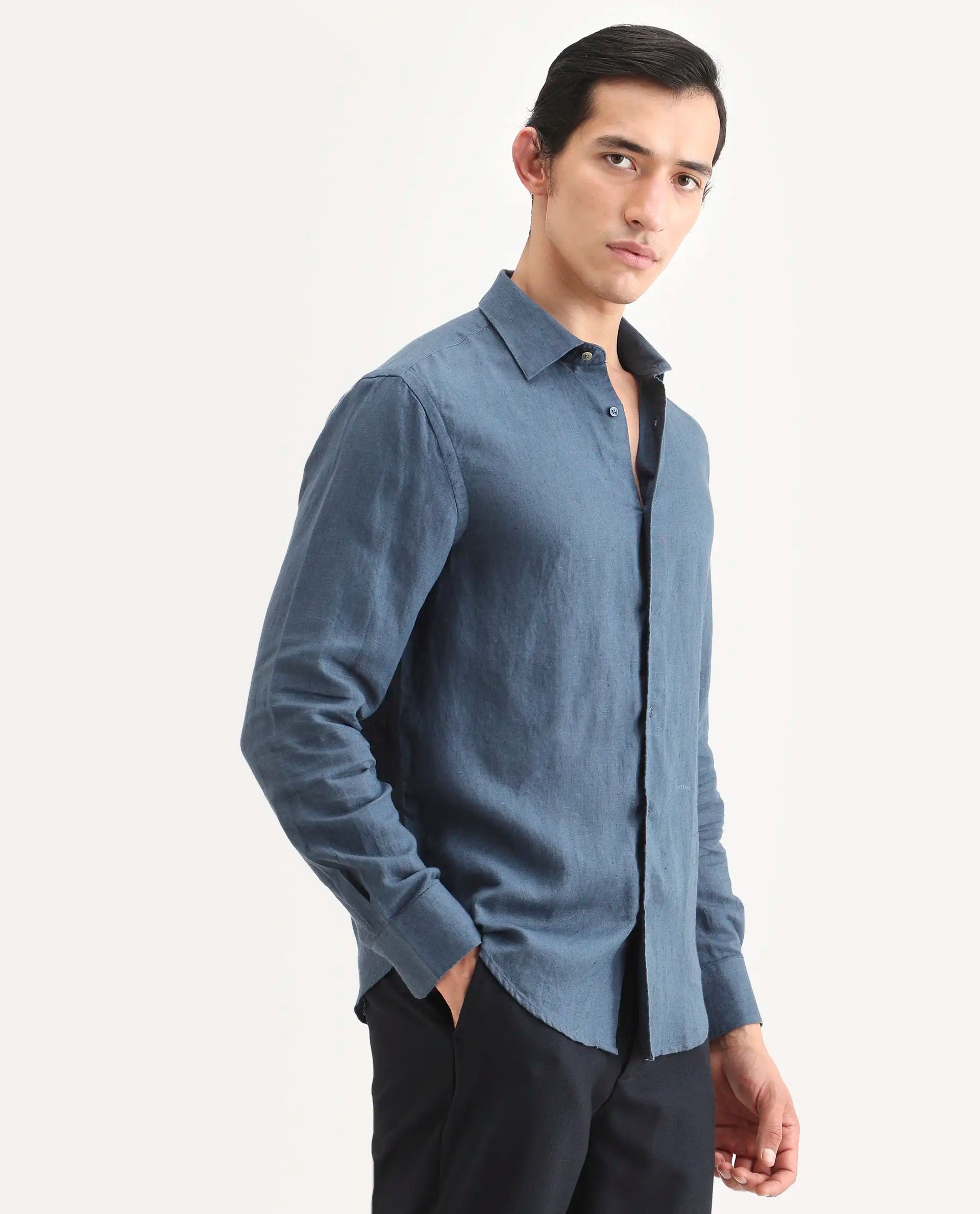 Rare Rabbit Men's Linex Ls Navy Linen Blend Fabric Full Sleeve Spread Collar Regular Fit Plain Shirt