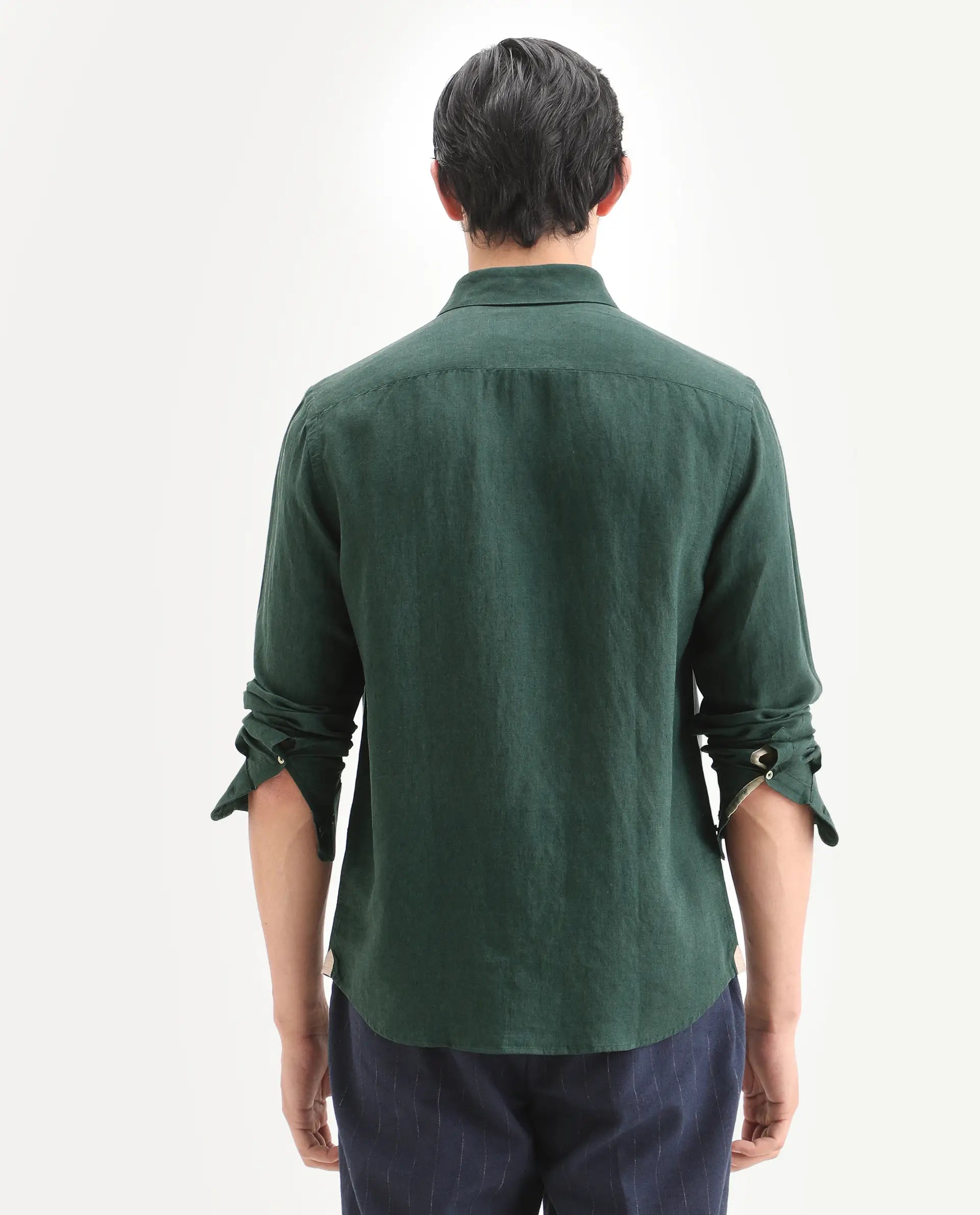 Rare Rabbit Men's Linex Ls Dark Green Linen Blend Fabric Full Sleeve Spread Collar Regular Fit Plain Shirt
