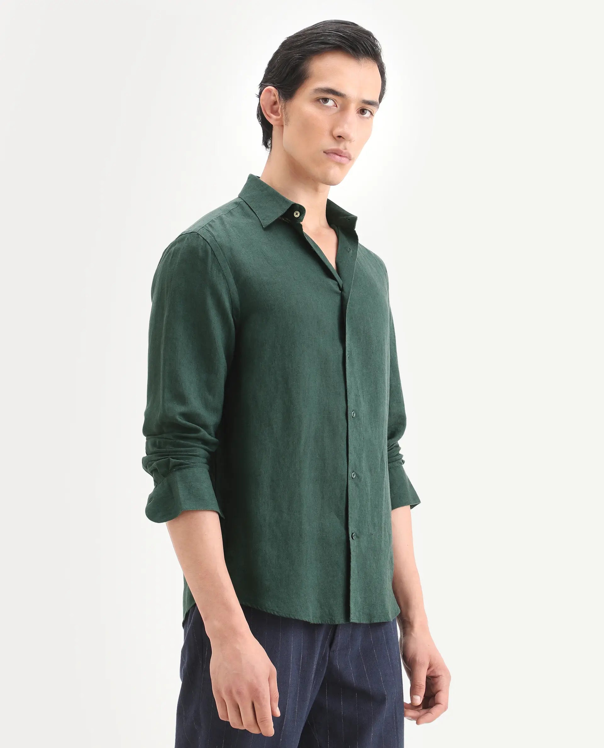 Rare Rabbit Men's Linex Ls Dark Green Linen Blend Fabric Full Sleeve Spread Collar Regular Fit Plain Shirt