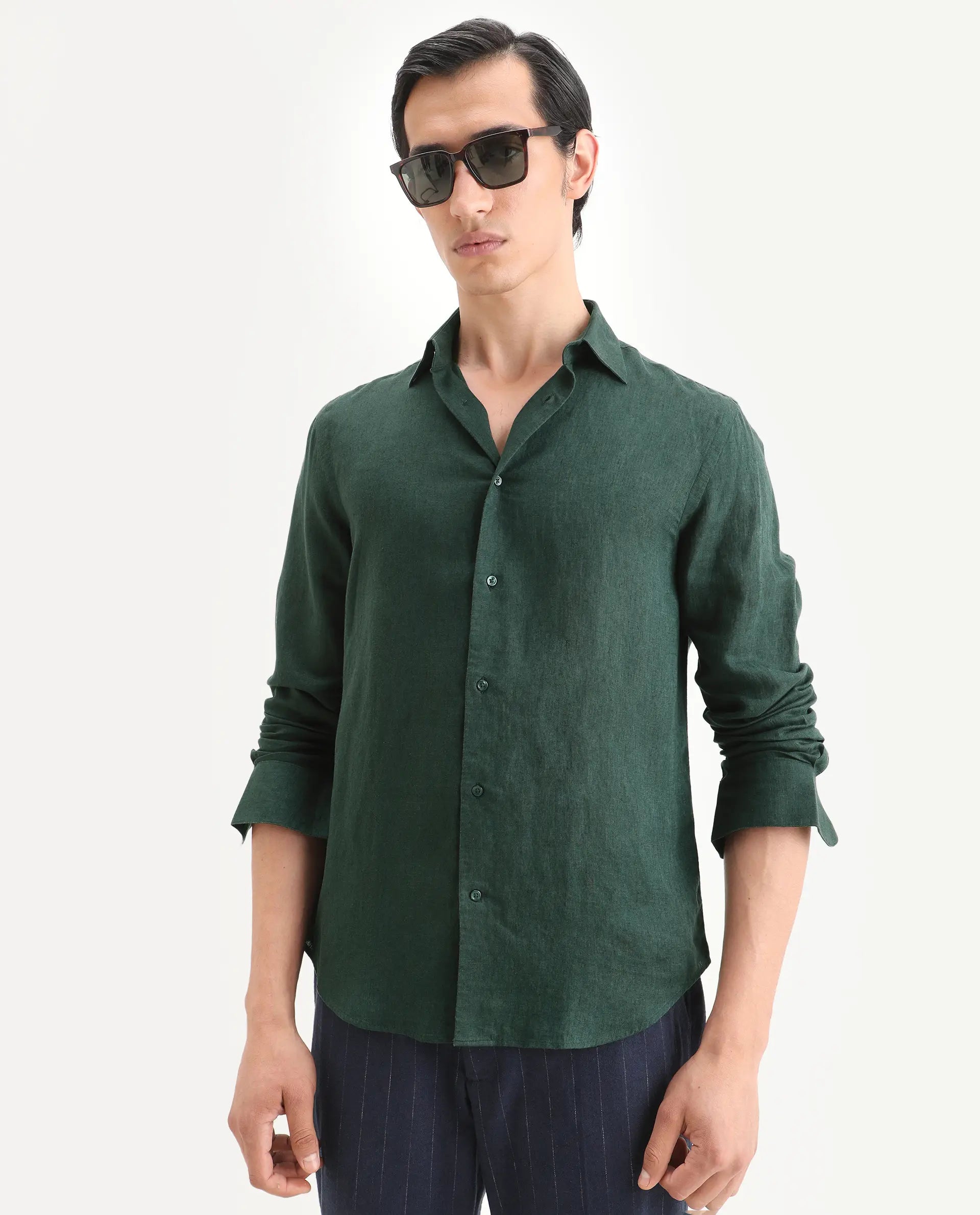 Rare Rabbit Men's Linex Ls Dark Green Linen Blend Fabric Full Sleeve Spread Collar Regular Fit Plain Shirt
