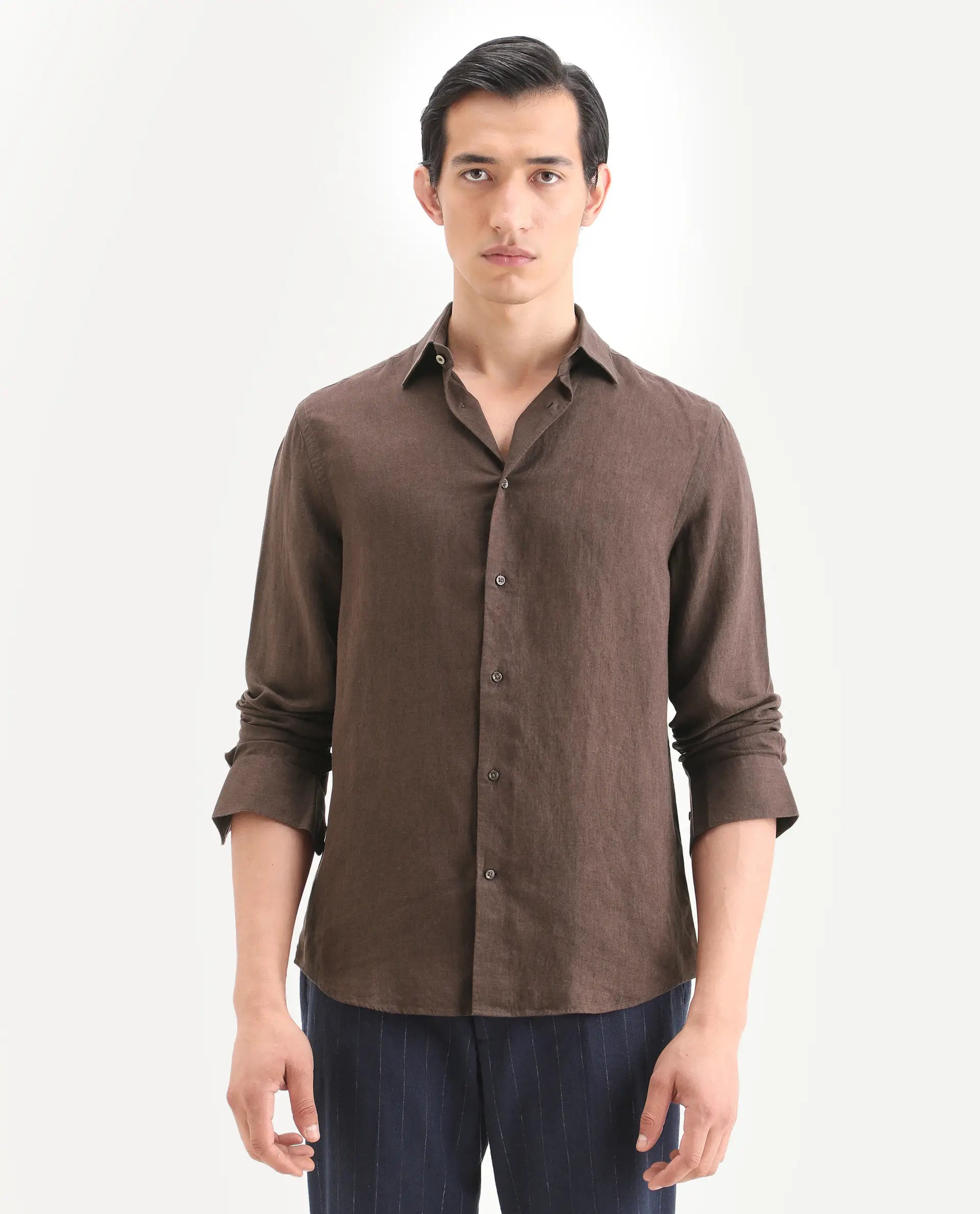 Rare Rabbit Men's Linex Ls Dark Brown Linen Blend Fabric Full Sleeve Spread Collar Regular Fit Plain Shirt