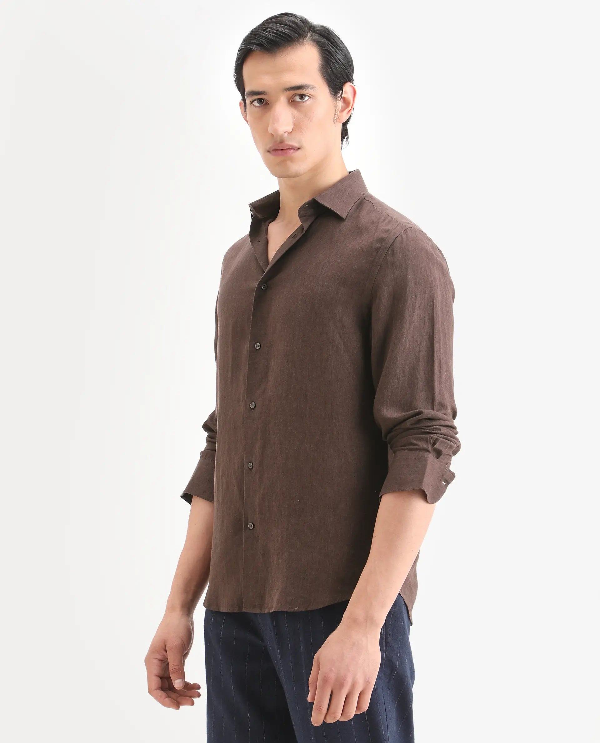 Rare Rabbit Men's Linex Ls Dark Brown Linen Blend Fabric Full Sleeve Spread Collar Regular Fit Plain Shirt