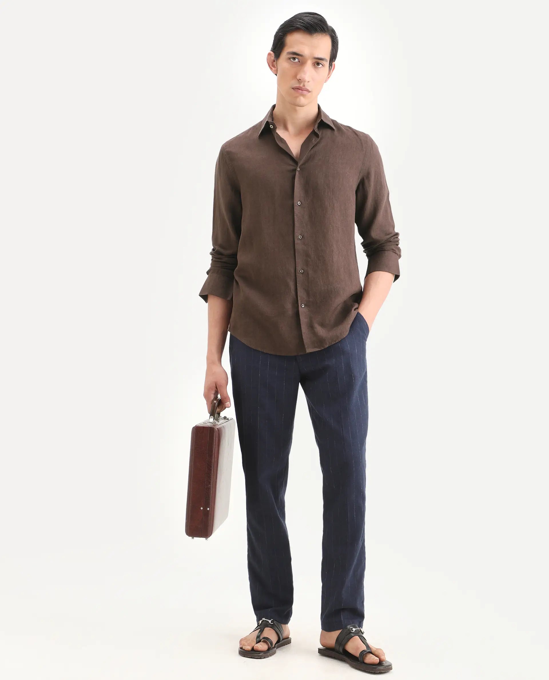 Rare Rabbit Men's Linex Ls Dark Brown Linen Blend Fabric Full Sleeve Spread Collar Regular Fit Plain Shirt