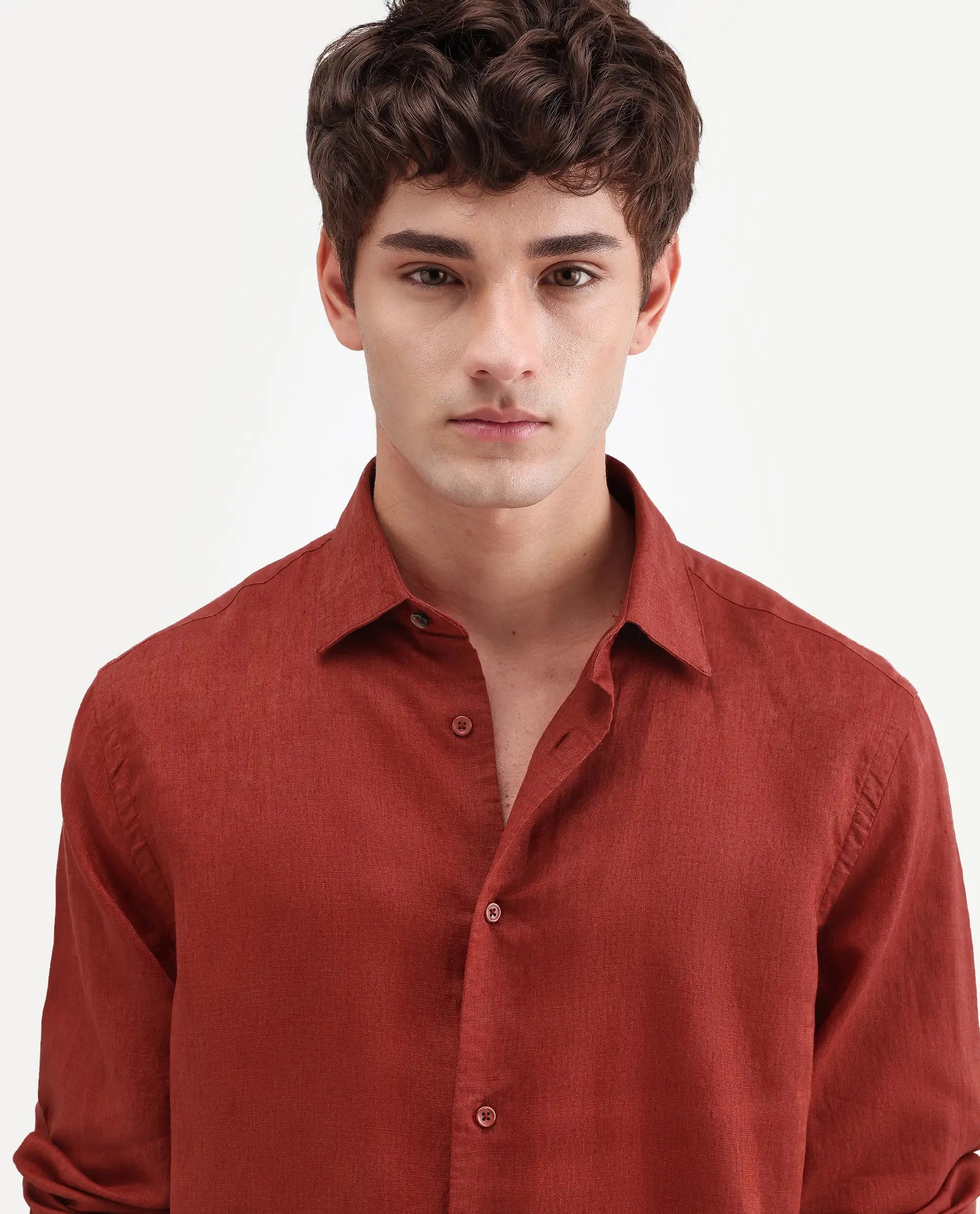Rare Rabbit Men's Linex Ls Red Linen Blend Fabric Full Sleeve Spread Collar Regular Fit Plain Shirt