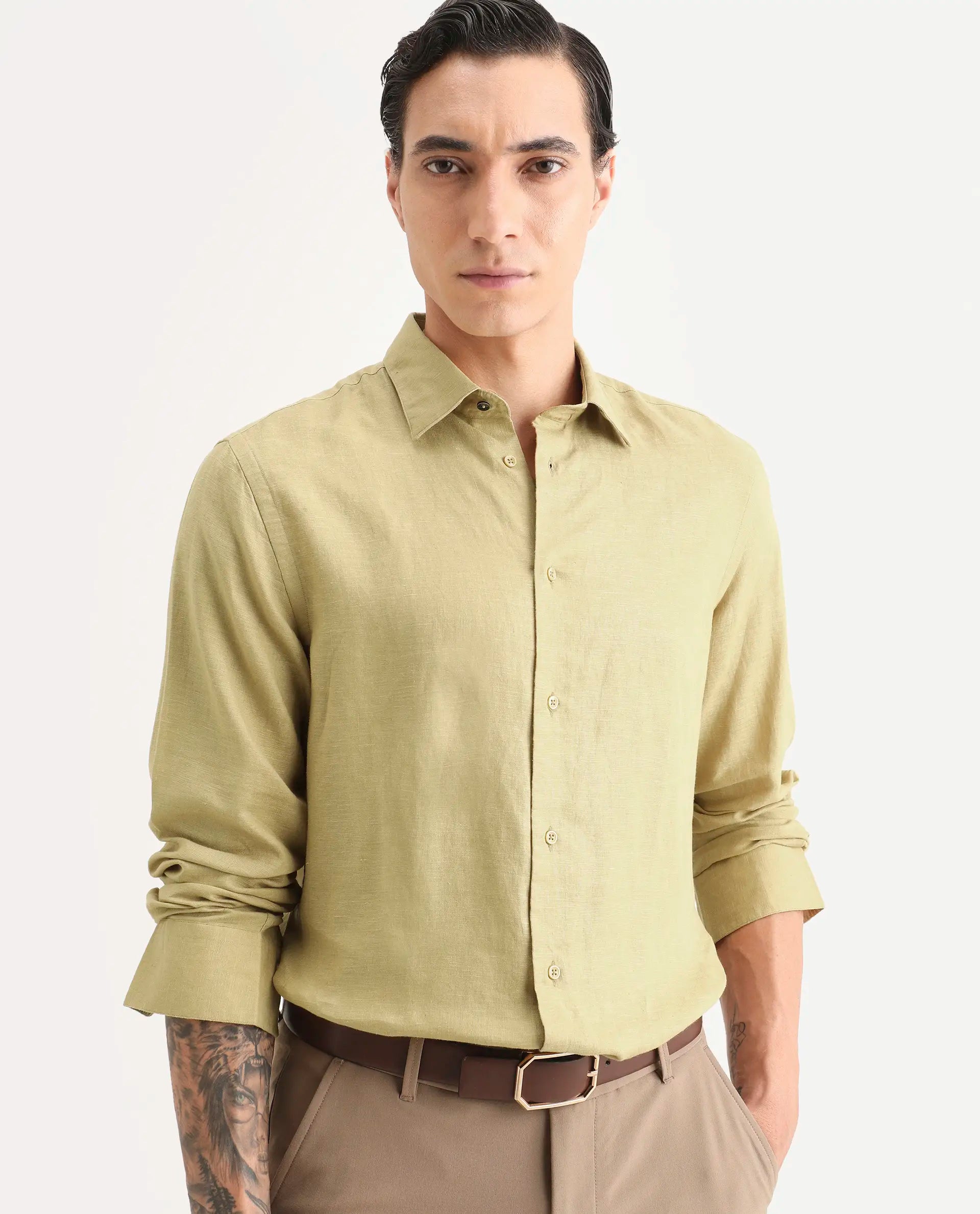 Rare Rabbit Men's Linex Ls Dusky Yellow Linen Blend Fabric Full Sleeve Spread Collar Regular Fit Plain Shirt