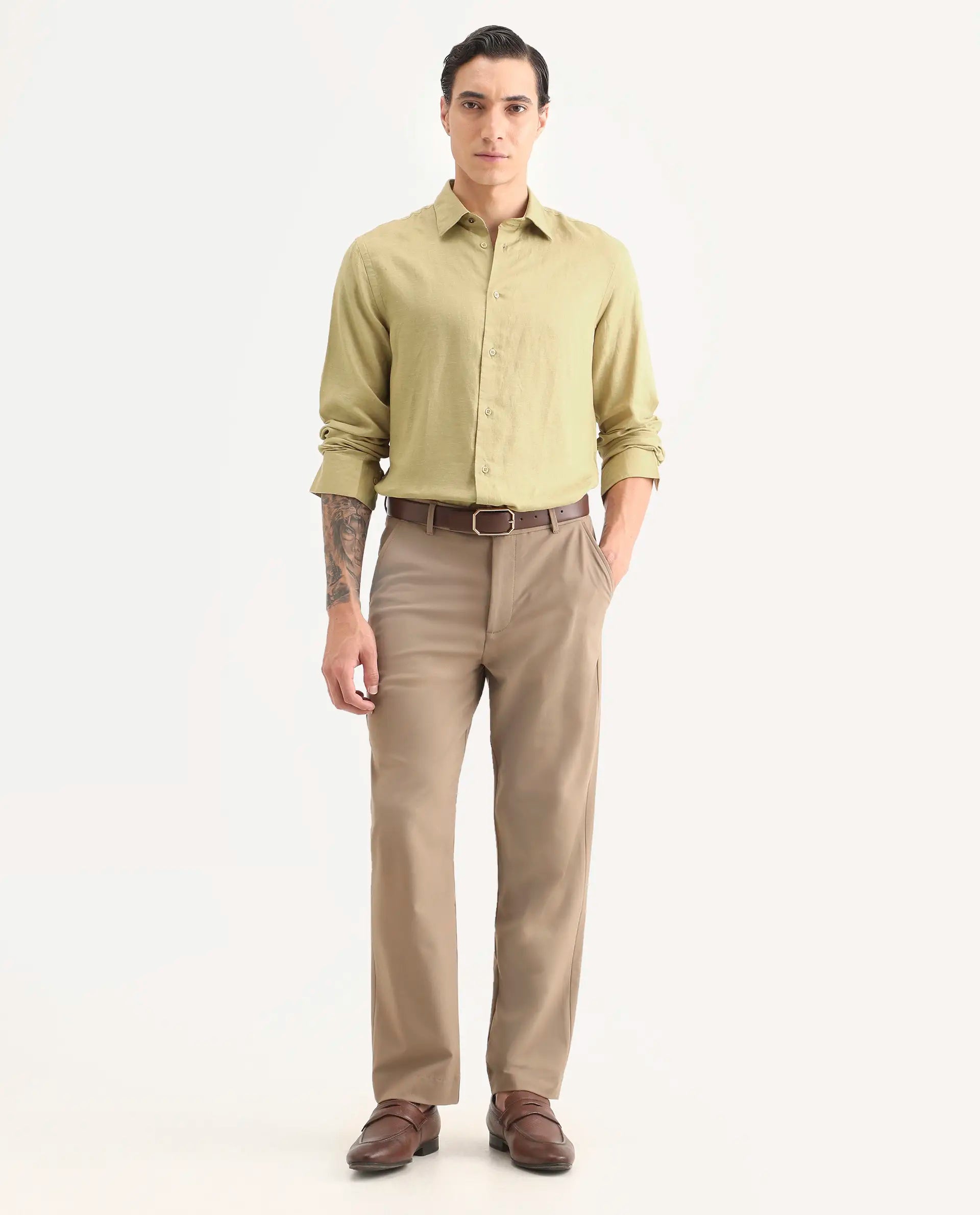 Rare Rabbit Men's Linex Ls Dusky Yellow Linen Blend Fabric Full Sleeve Spread Collar Regular Fit Plain Shirt