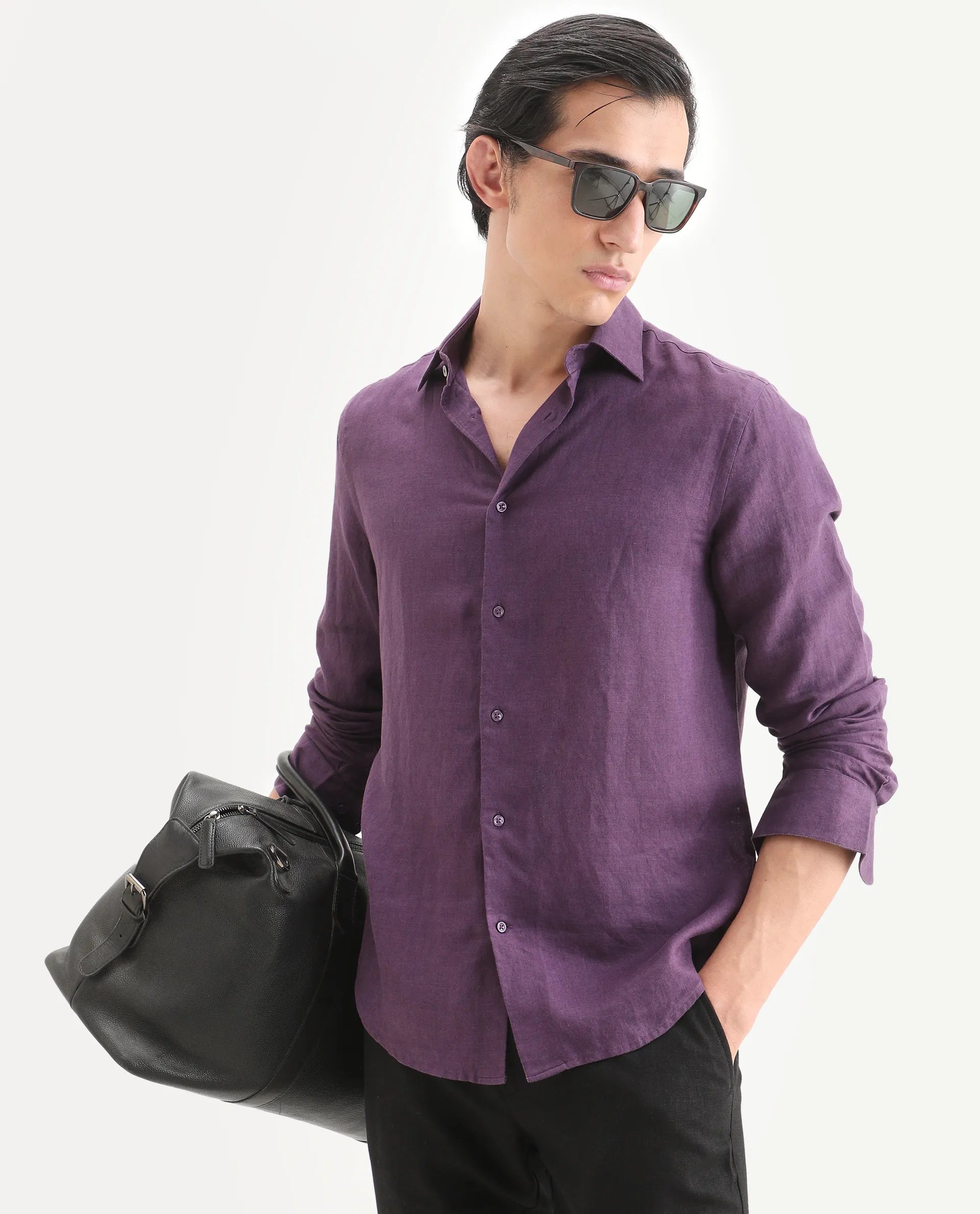 Rare Rabbit Men's Linex Ls Dark Purple Linen Blend Fabric Full Sleeve Spread Collar Regular Fit Plain Shirt