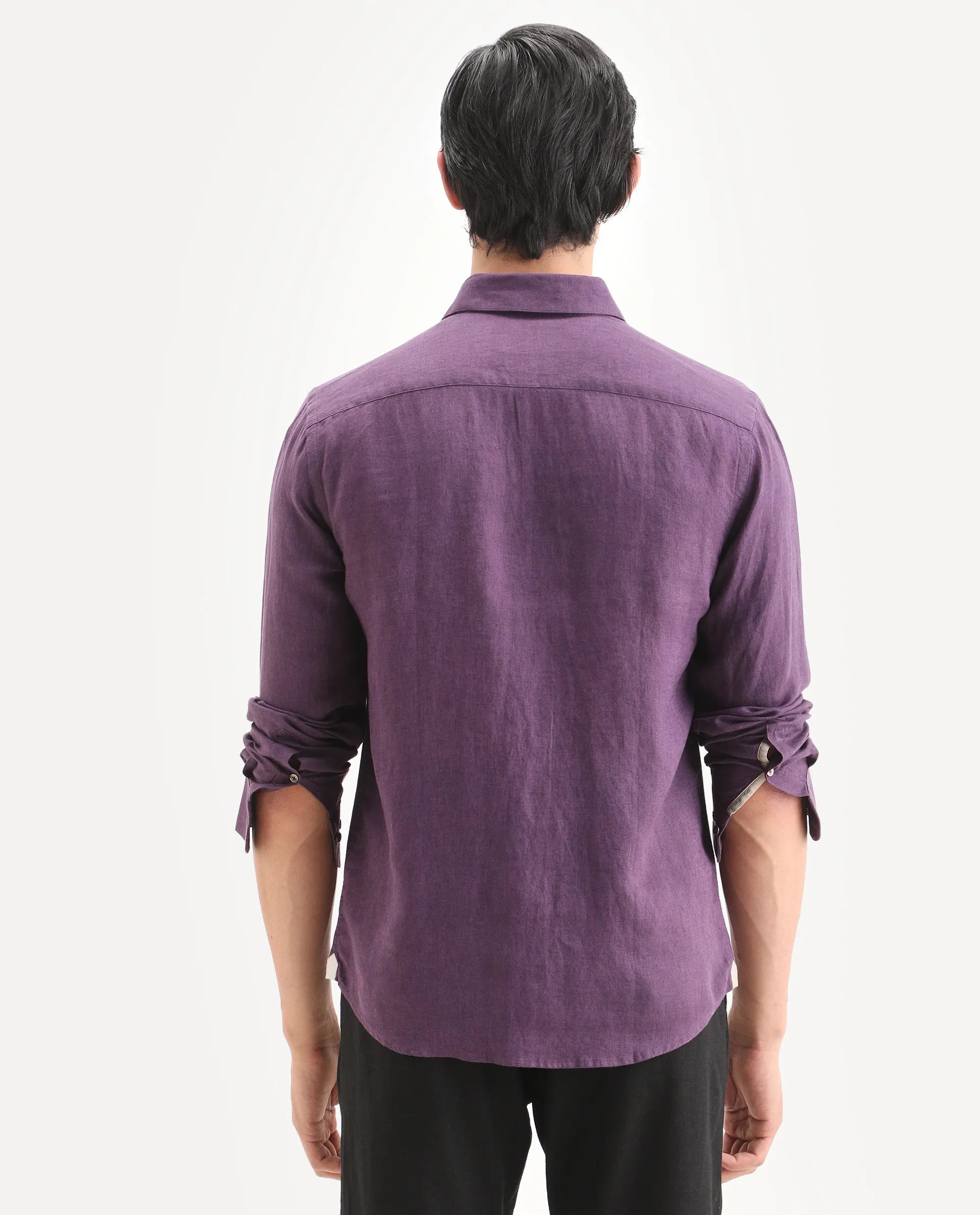 Rare Rabbit Men's Linex Ls Dark Purple Linen Blend Fabric Full Sleeve Spread Collar Regular Fit Plain Shirt