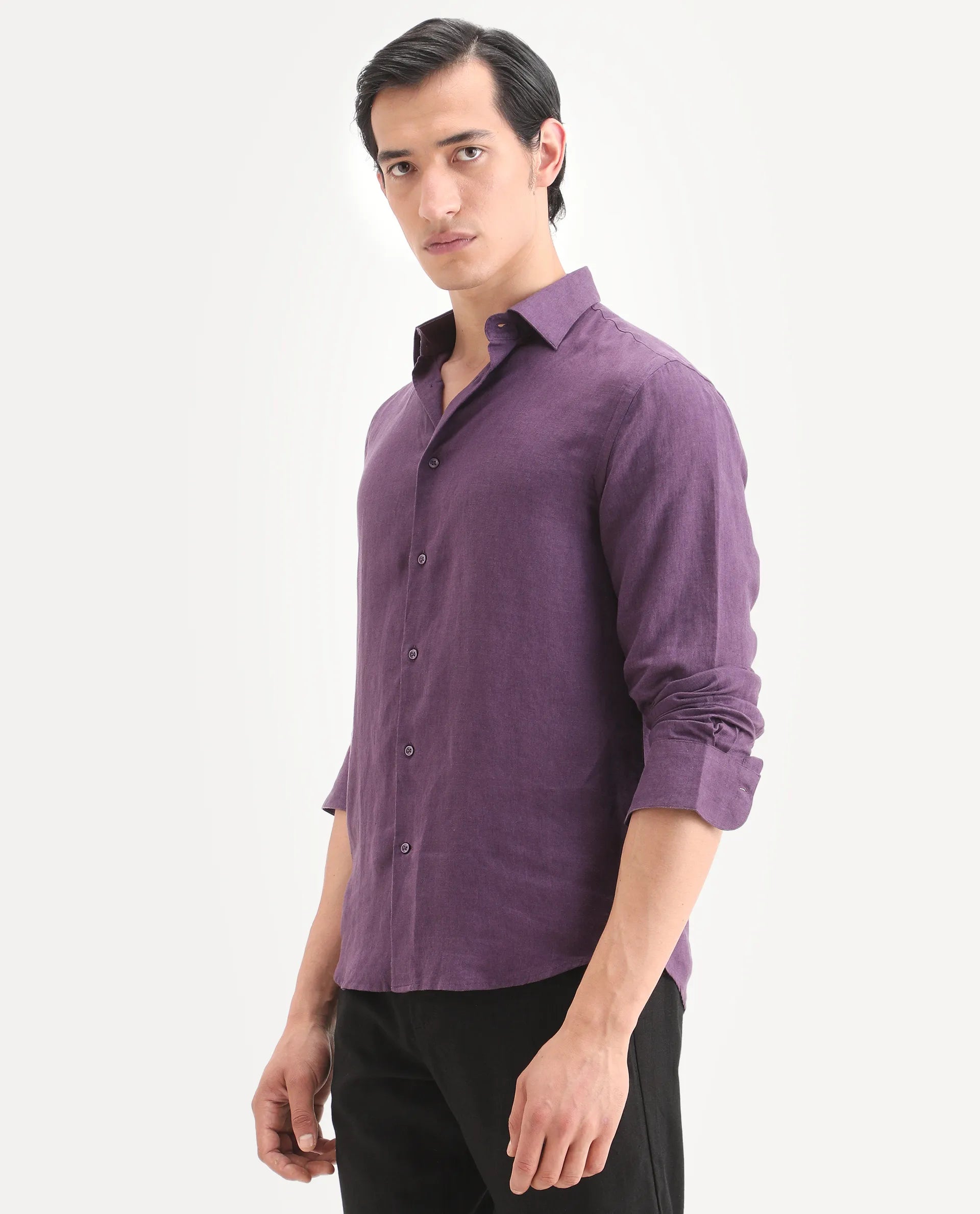 Rare Rabbit Men's Linex Ls Dark Purple Linen Blend Fabric Full Sleeve Spread Collar Regular Fit Plain Shirt