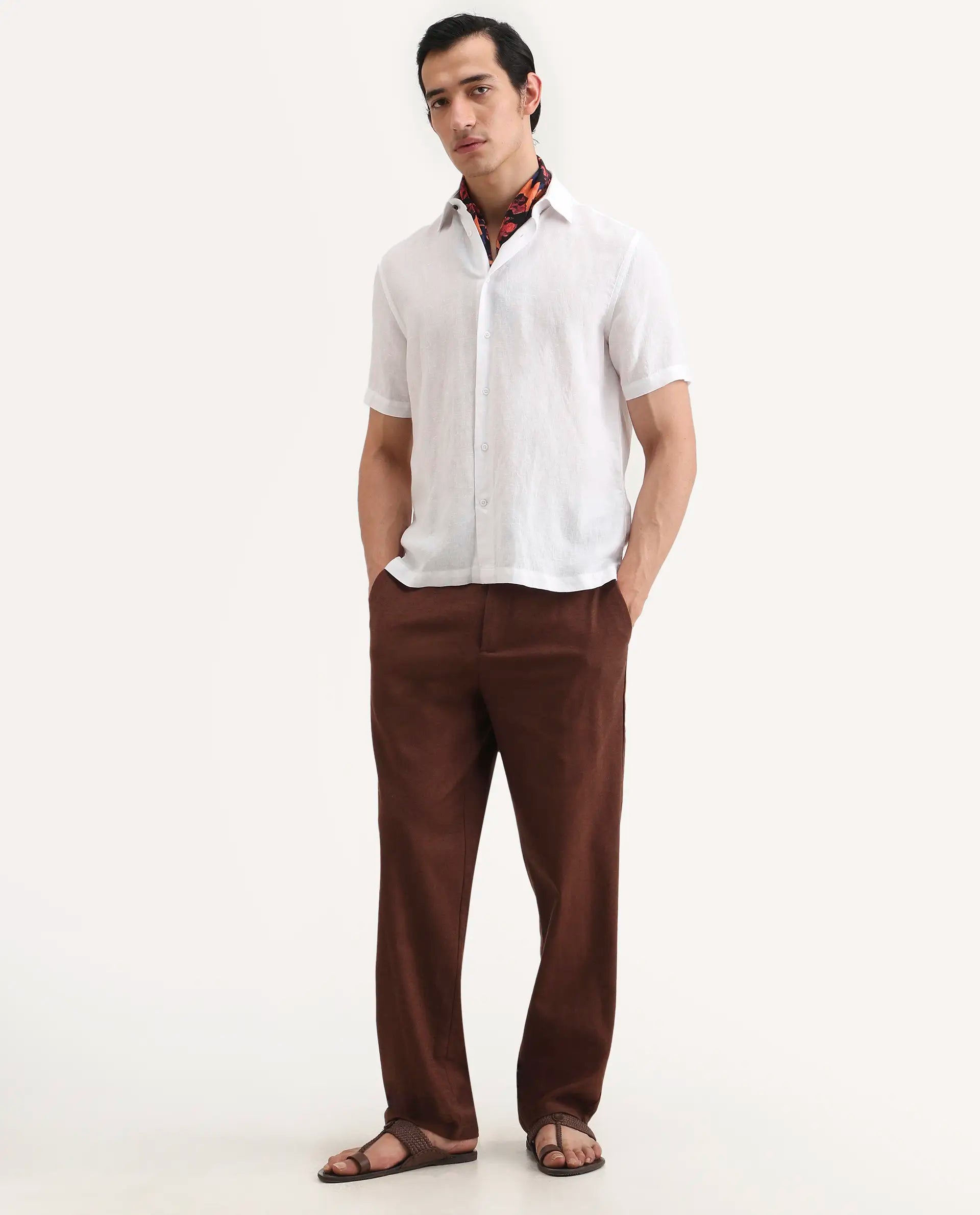 Rare Rabbit Men's Linex Ss White Linen Blend Fabric Half Sleeve Spread Collar Regular Fit Plain Shirt