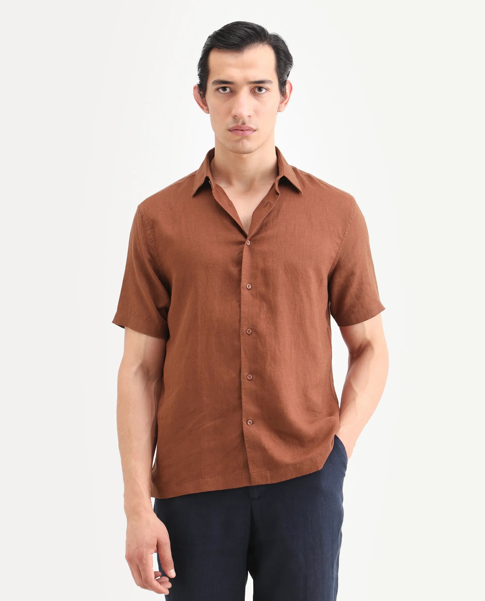 Rare Rabbit Men's Linex Ss Rust Linen Blend Fabric Half Sleeve Spread Collar Regular Plain Shirt
