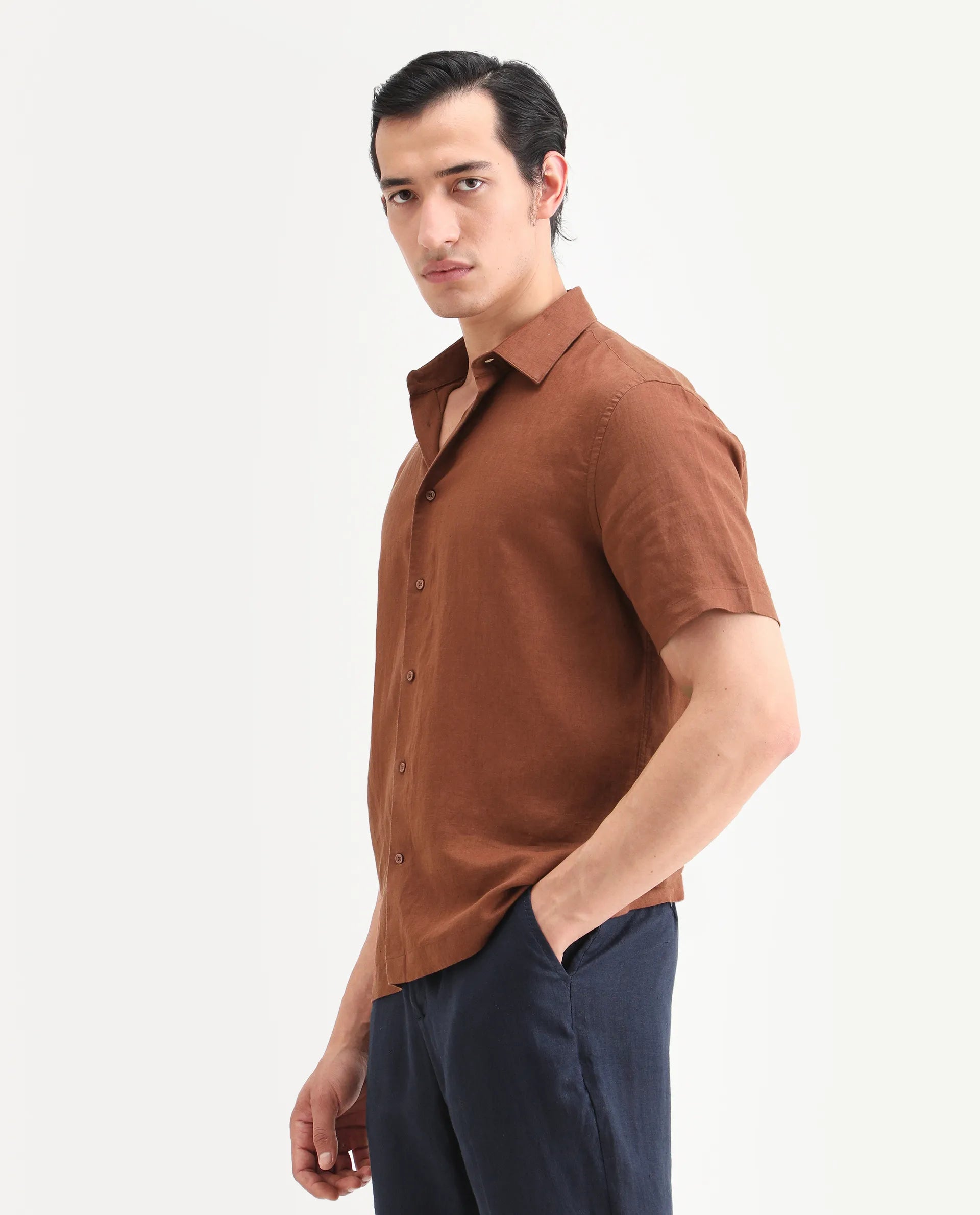 Rare Rabbit Men's Linex Ss Rust Linen Blend Fabric Half Sleeve Spread Collar Regular Plain Shirt