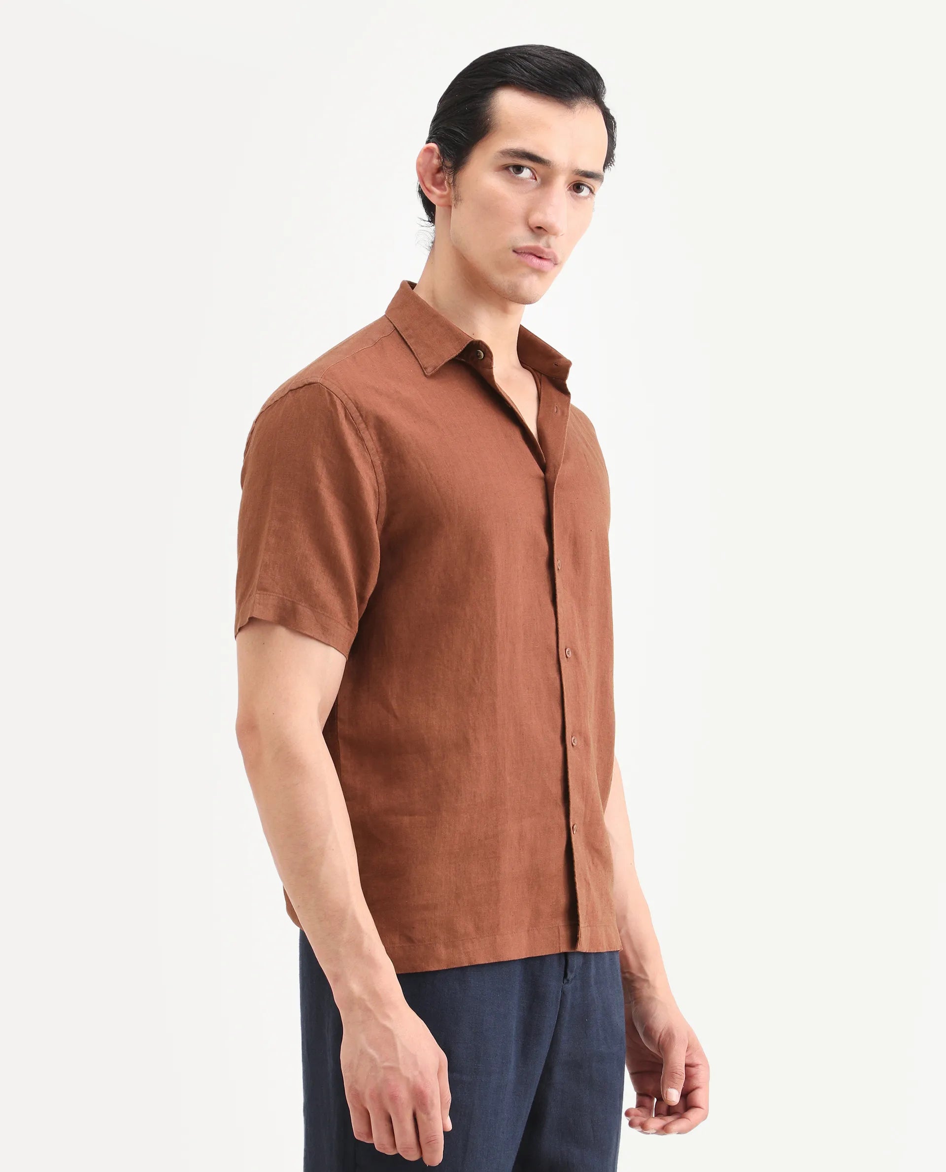 Rare Rabbit Men's Linex Ss Rust Linen Blend Fabric Half Sleeve Spread Collar Regular Plain Shirt