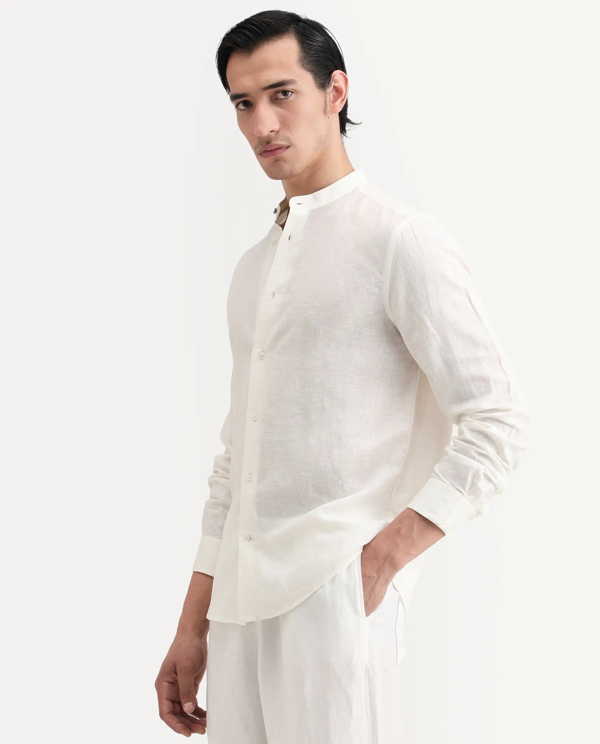 Rare Rabbit Men's Cinex 26 Off White Linen Blend Fabric Full Sleeve Regular Fit Shirt