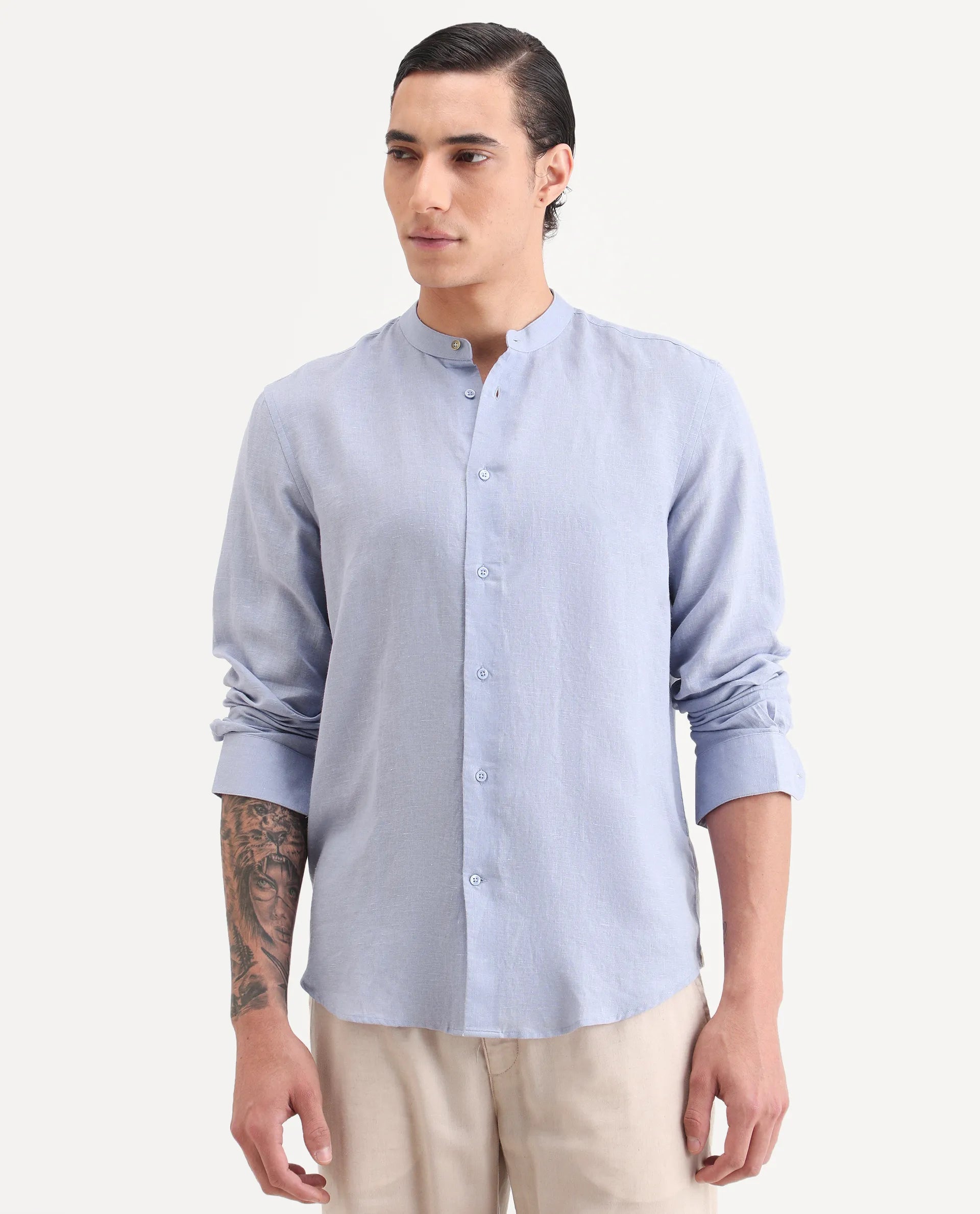 Rare Rabbit Men's Cinex 26 Light Purple Linen Blend Fabric Full Sleeve Regular Fit Shirt