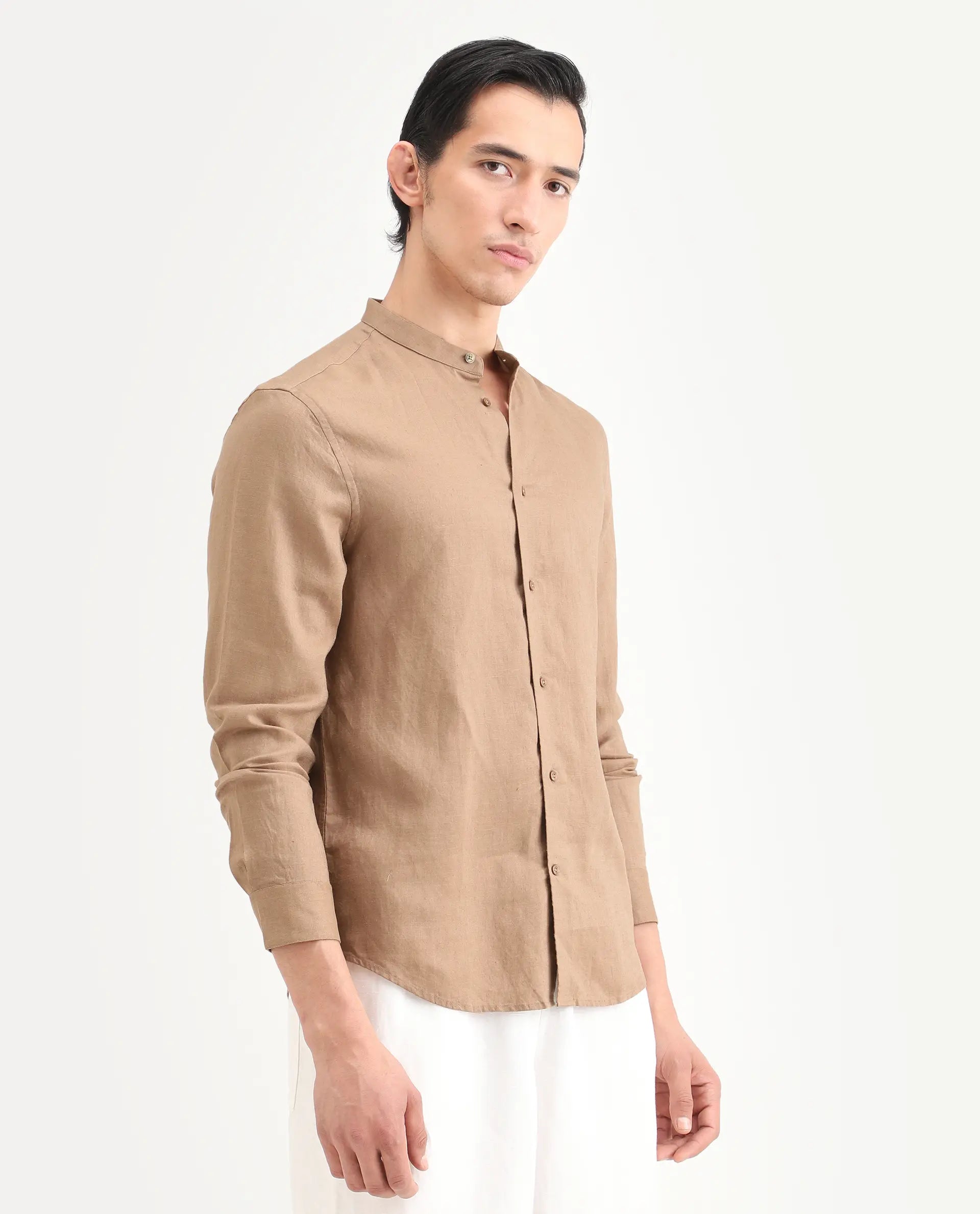 Rare Rabbit Men's Cinex 26 Light Brown Linen Blend Fabric Full Sleeve Regular Fit Plain Shirt