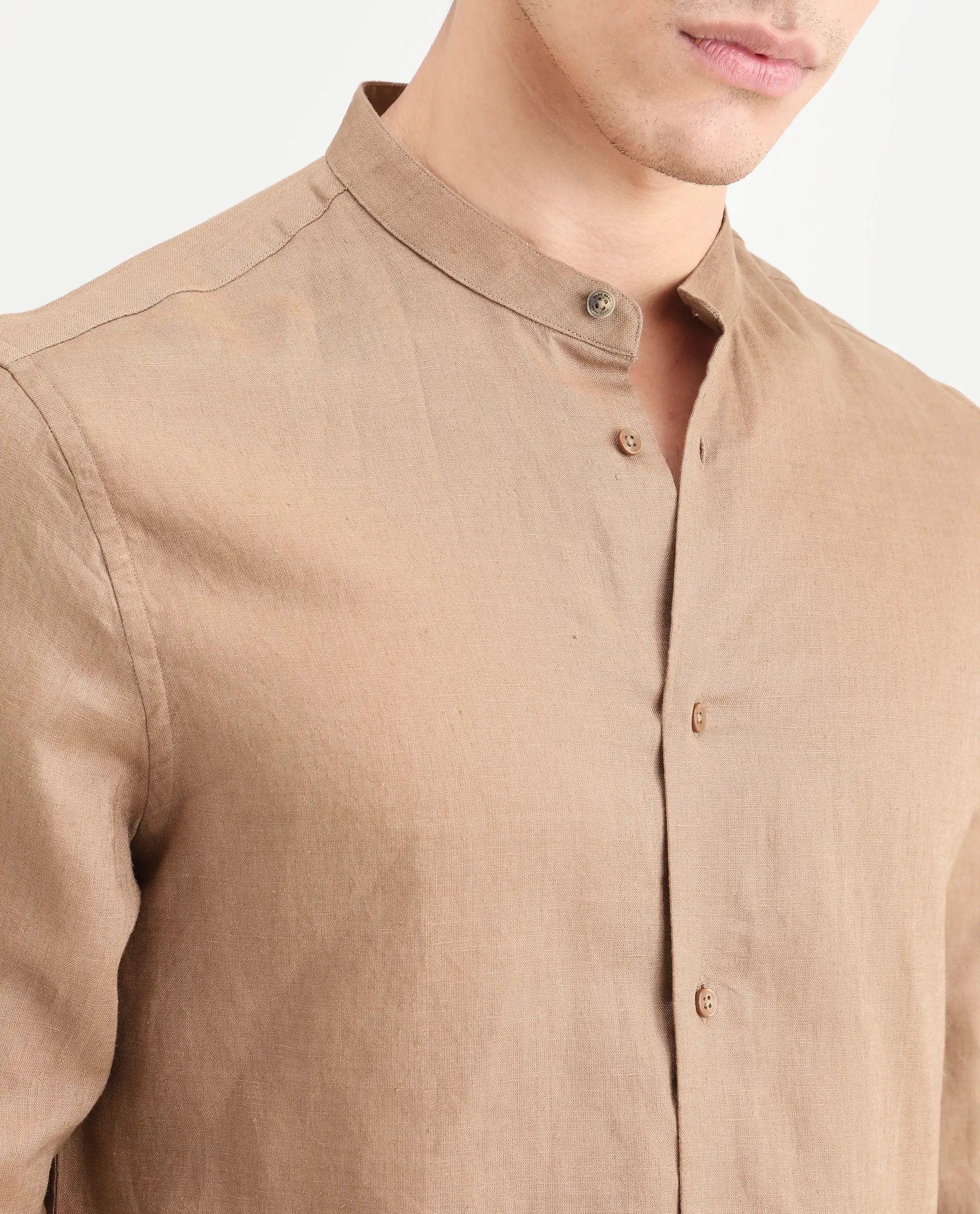 Rare Rabbit Men's Cinex 26 Light Brown Linen Blend Fabric Full Sleeve Regular Fit Plain Shirt