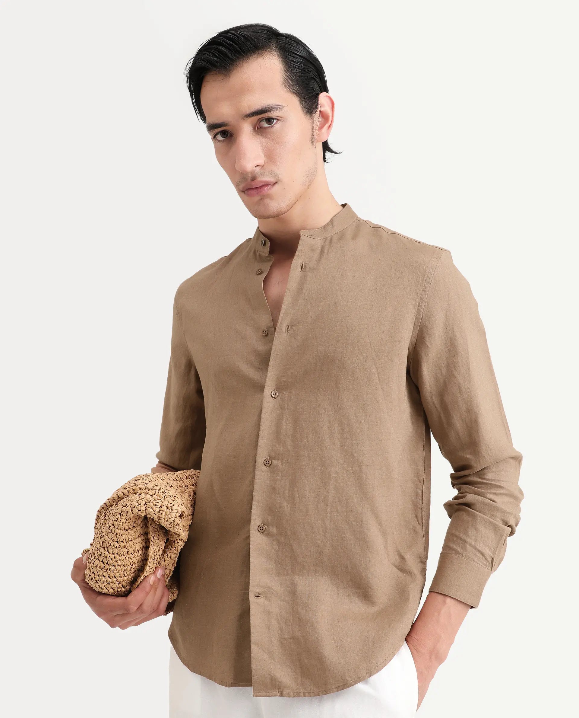 Rare Rabbit Men's Cinex 26 Light Brown Linen Blend Fabric Full Sleeve Regular Fit Plain Shirt